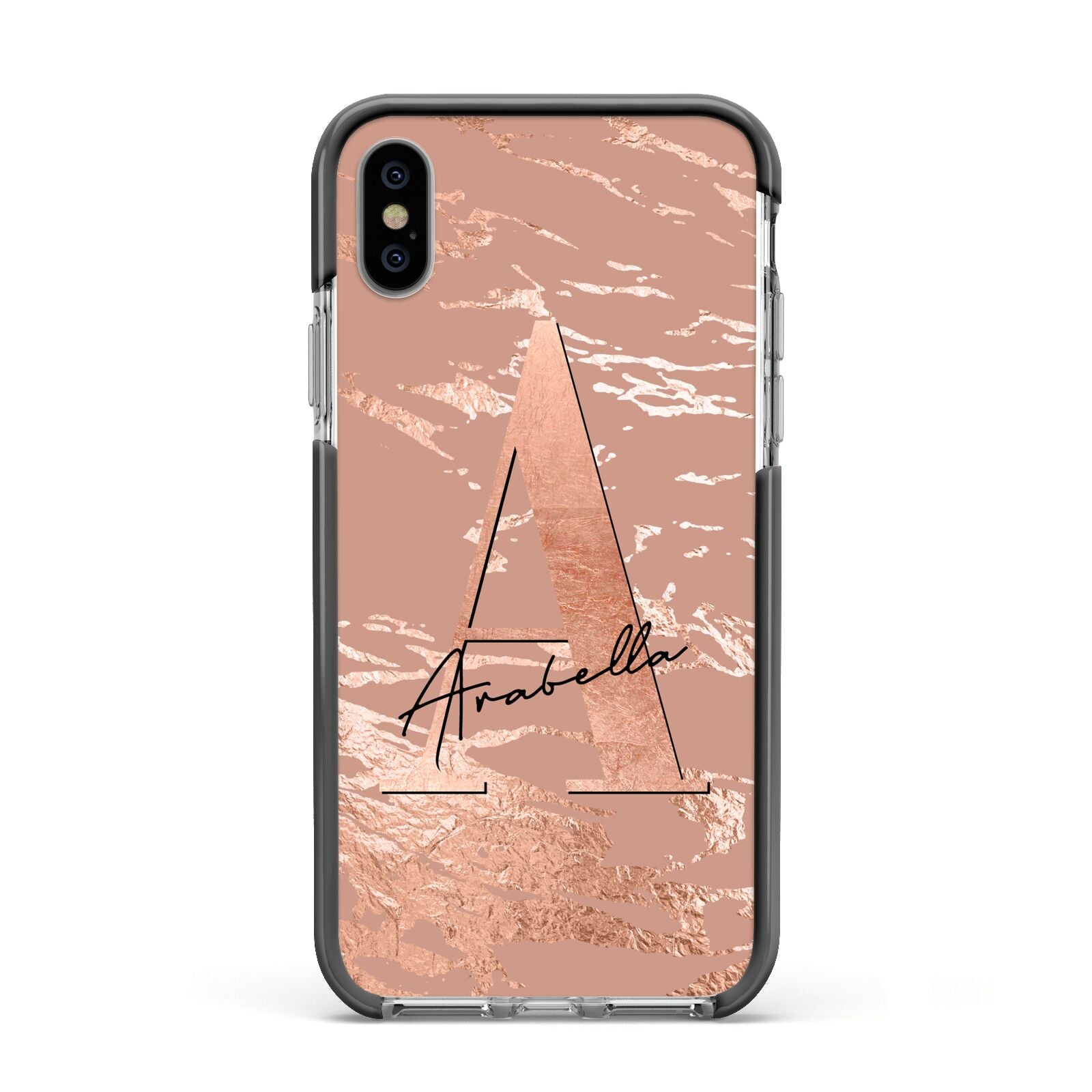 Personalised Copper Taupe Marble Apple iPhone Xs Impact Case Black Edge on Silver Phone
