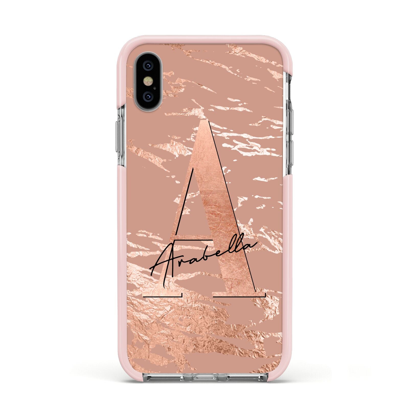 Personalised Copper Taupe Marble Apple iPhone Xs Impact Case Pink Edge on Silver Phone