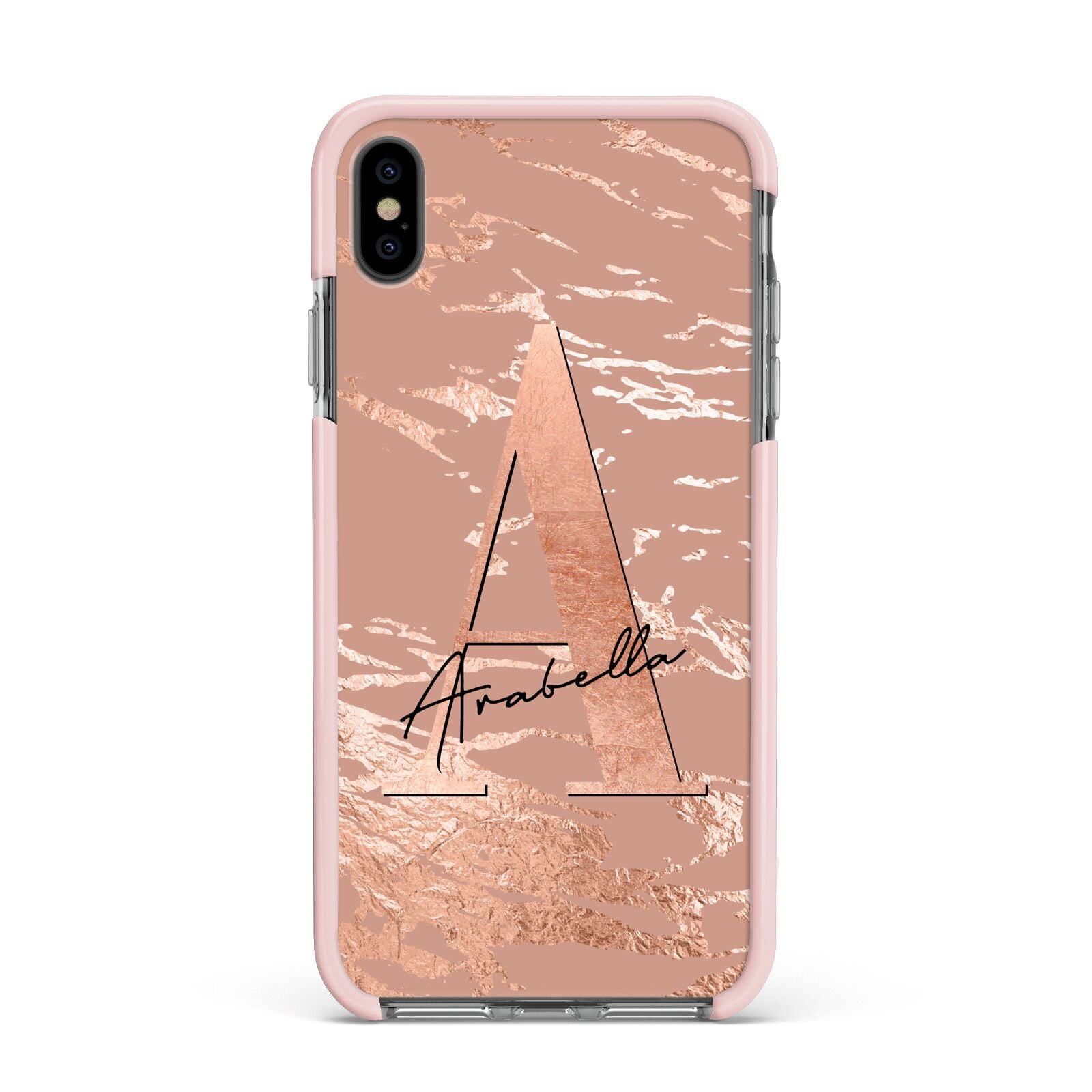 Personalised Copper Taupe Marble Apple iPhone Xs Max Impact Case Pink Edge on Black Phone