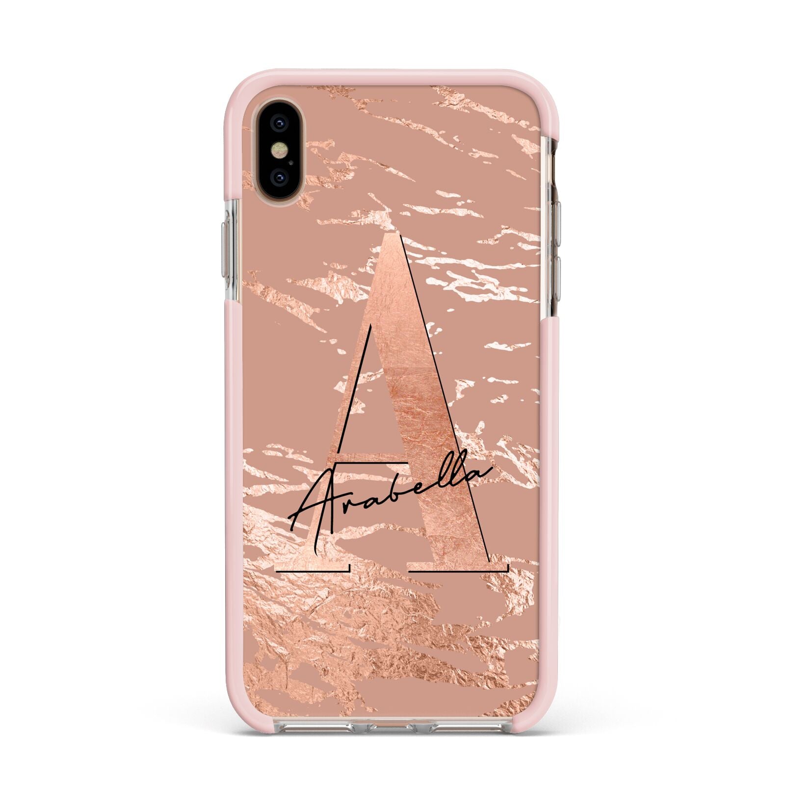 Personalised Copper Taupe Marble Apple iPhone Xs Max Impact Case Pink Edge on Gold Phone