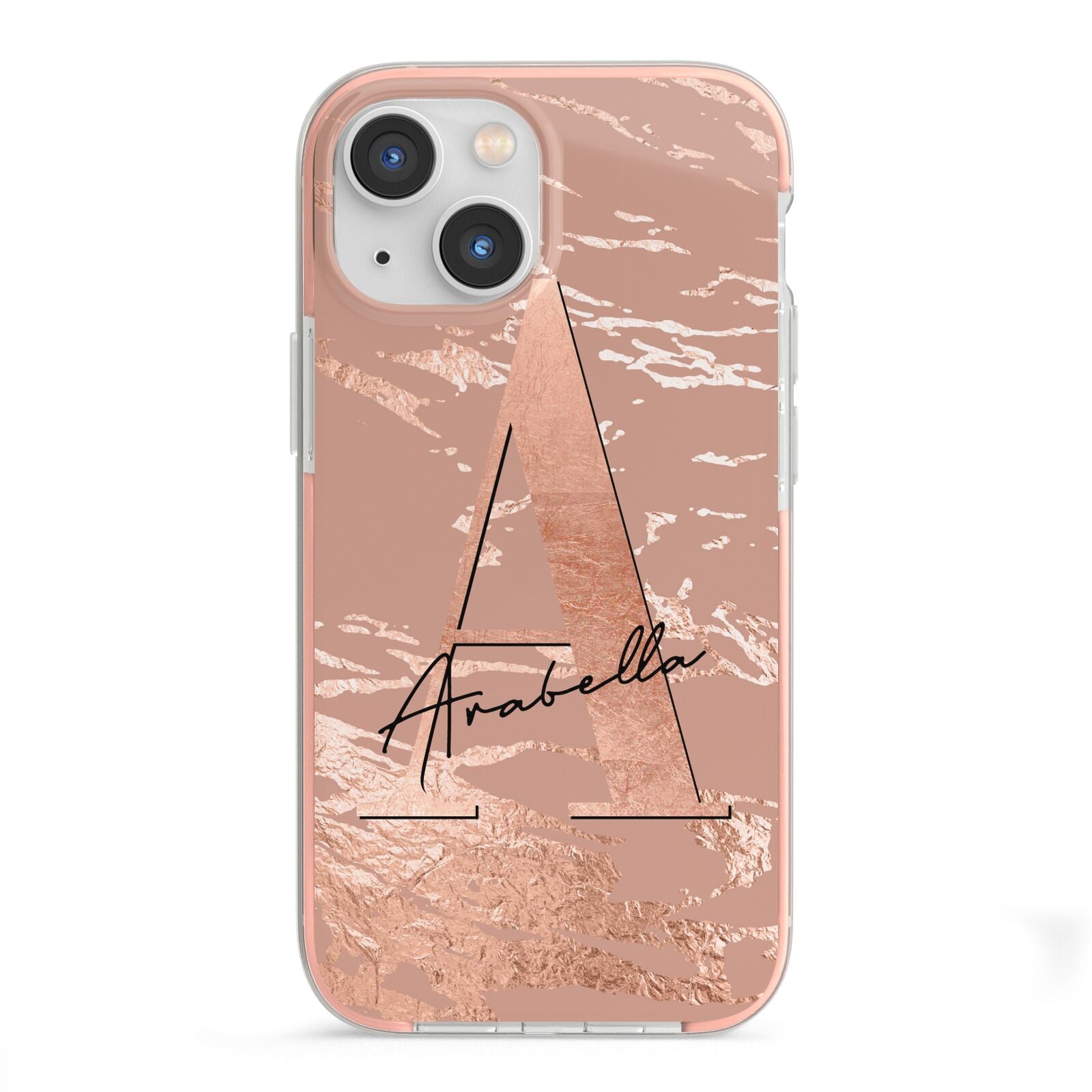 Personalised Copper Taupe Marble iPhone 13 Mini TPU Impact Case with Pink Edges