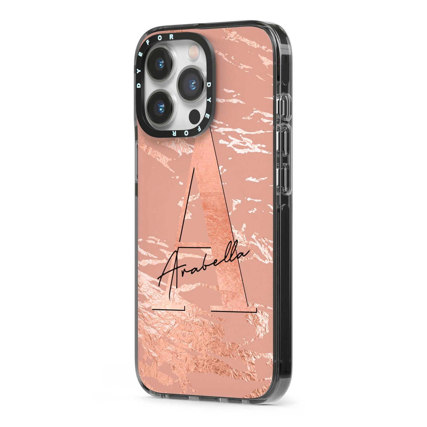 Personalised Copper Taupe Marble iPhone 13 Pro Black Impact Case Side Angle on Silver phone