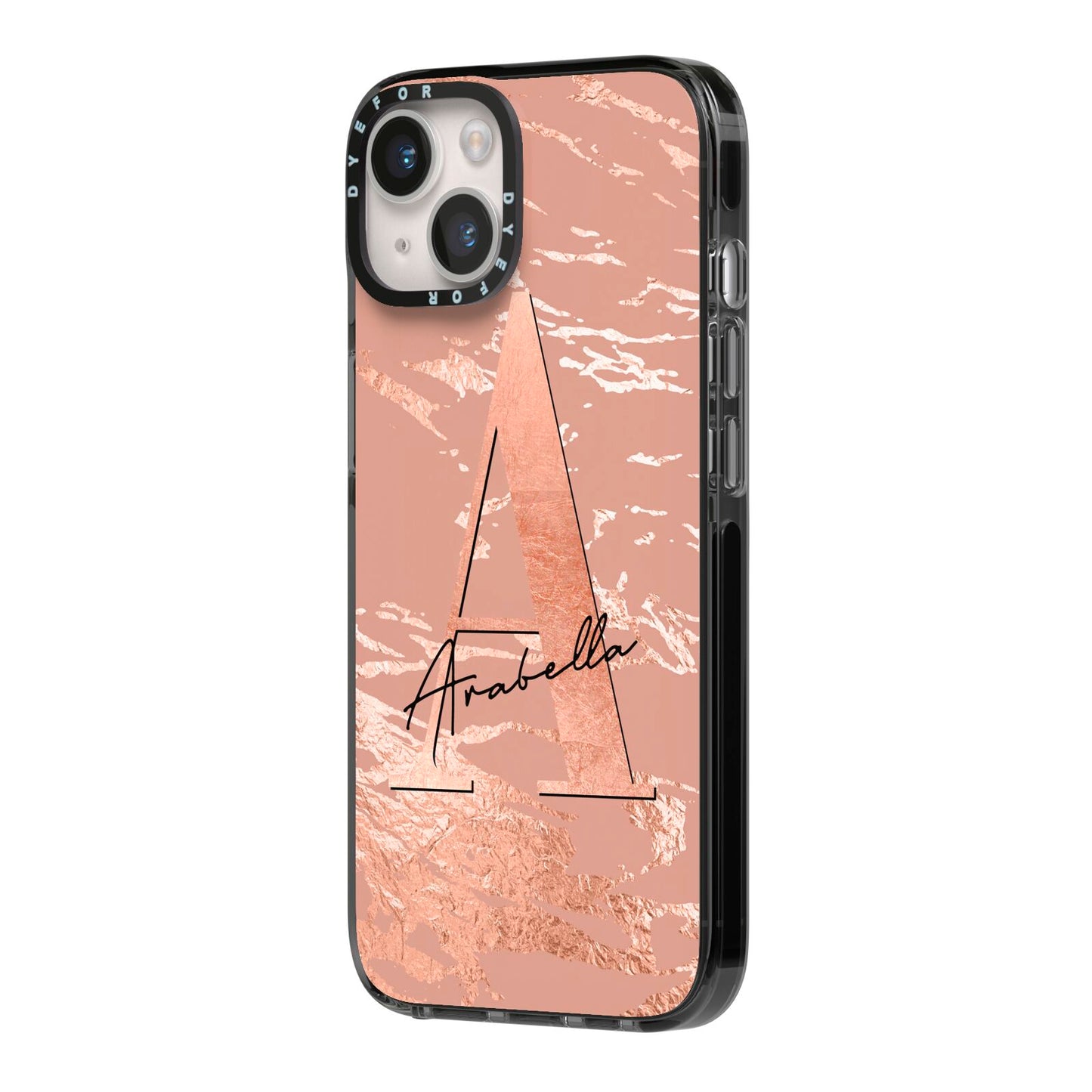 Personalised Copper Taupe Marble iPhone 14 Black Impact Case Side Angle on Silver phone