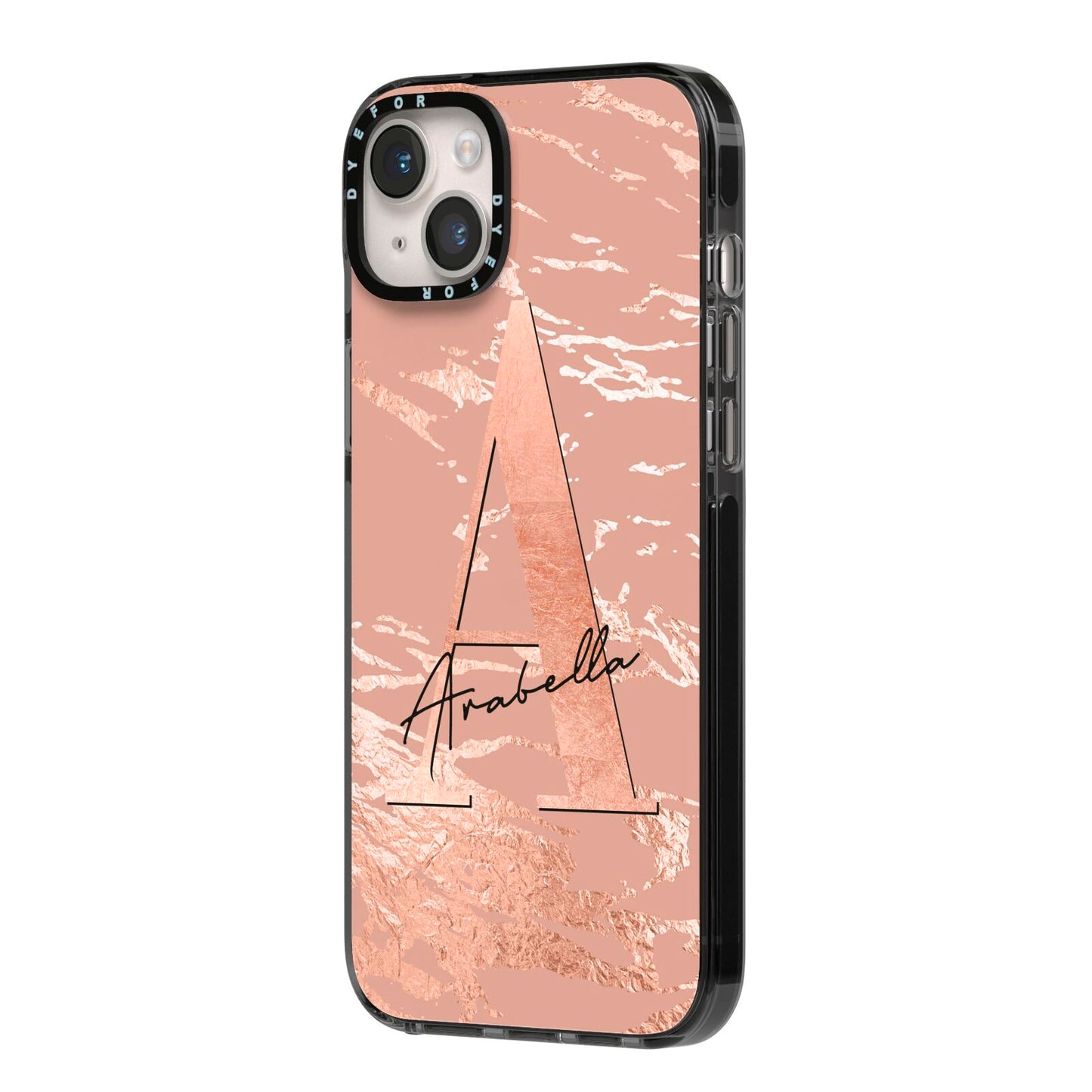 Personalised Copper Taupe Marble iPhone 14 Plus Black Impact Case Side Angle on Silver phone