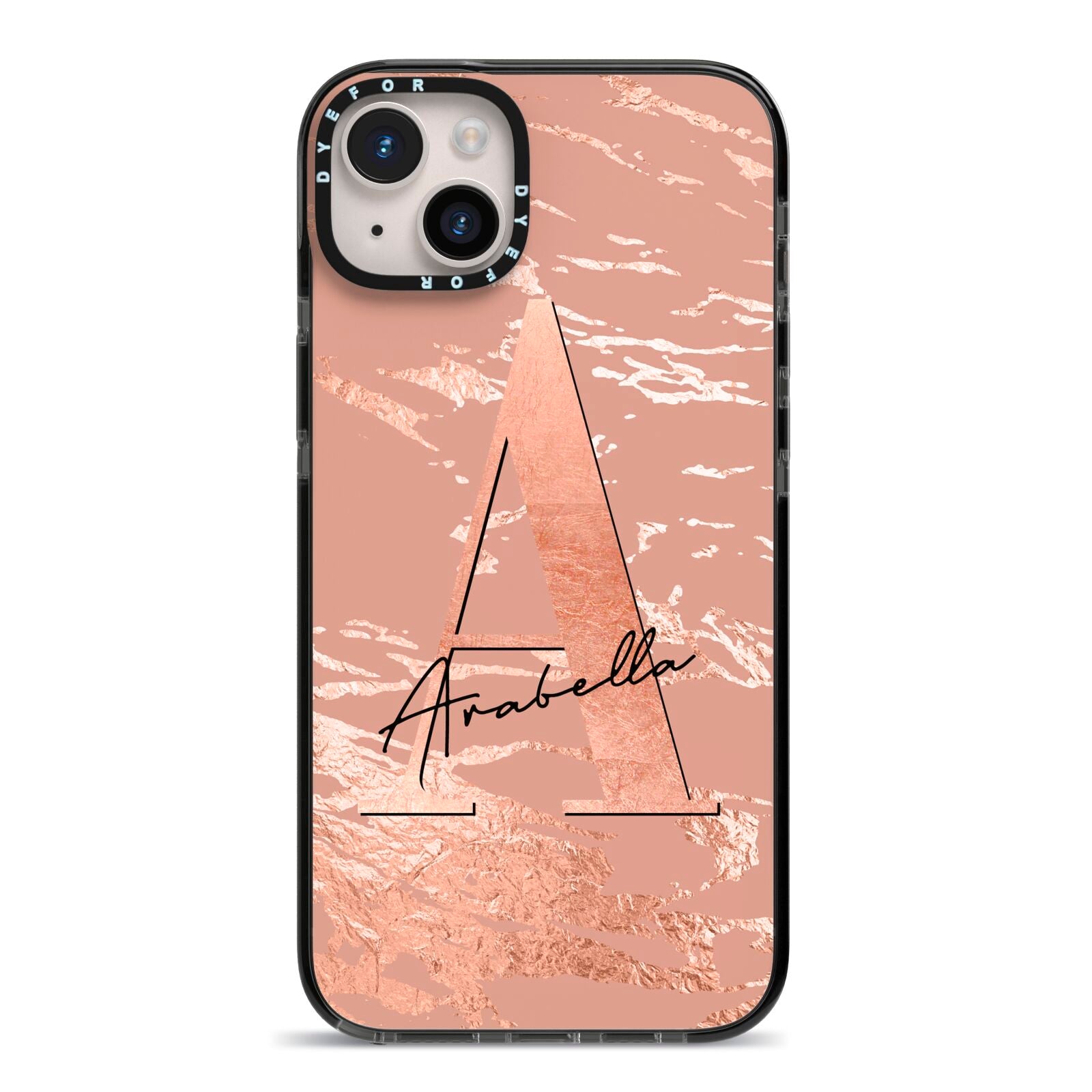 Personalised Copper Taupe Marble iPhone 14 Plus Black Impact Case on Silver phone