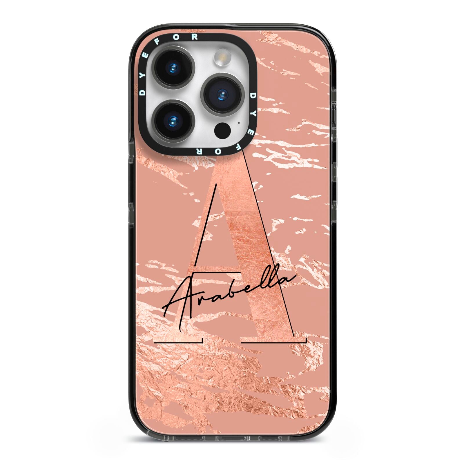 Personalised Copper Taupe Marble iPhone 14 Pro Black Impact Case on Silver phone