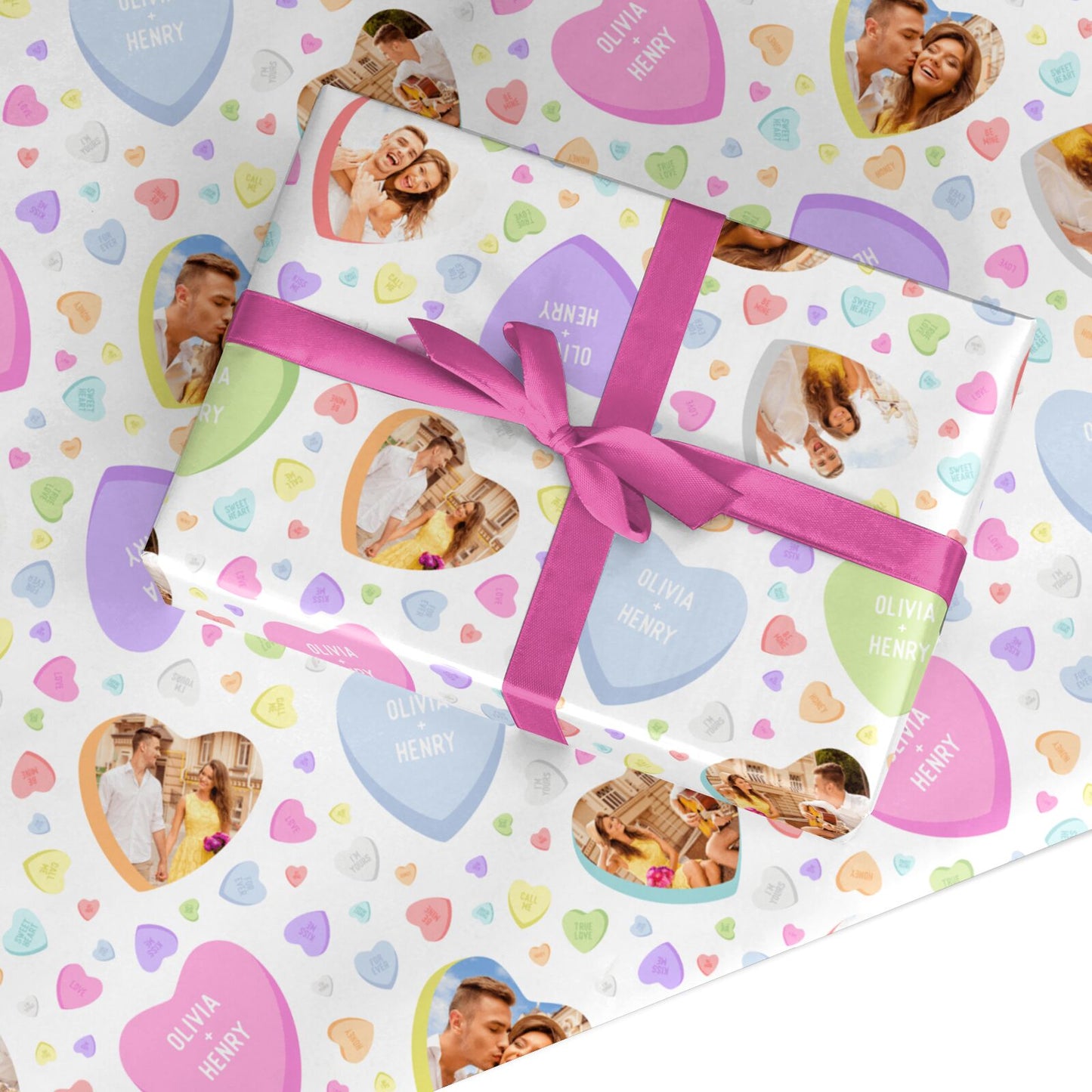 Personalised Couple Names and Photo Heart Pattern Design Custom Wrapping Paper