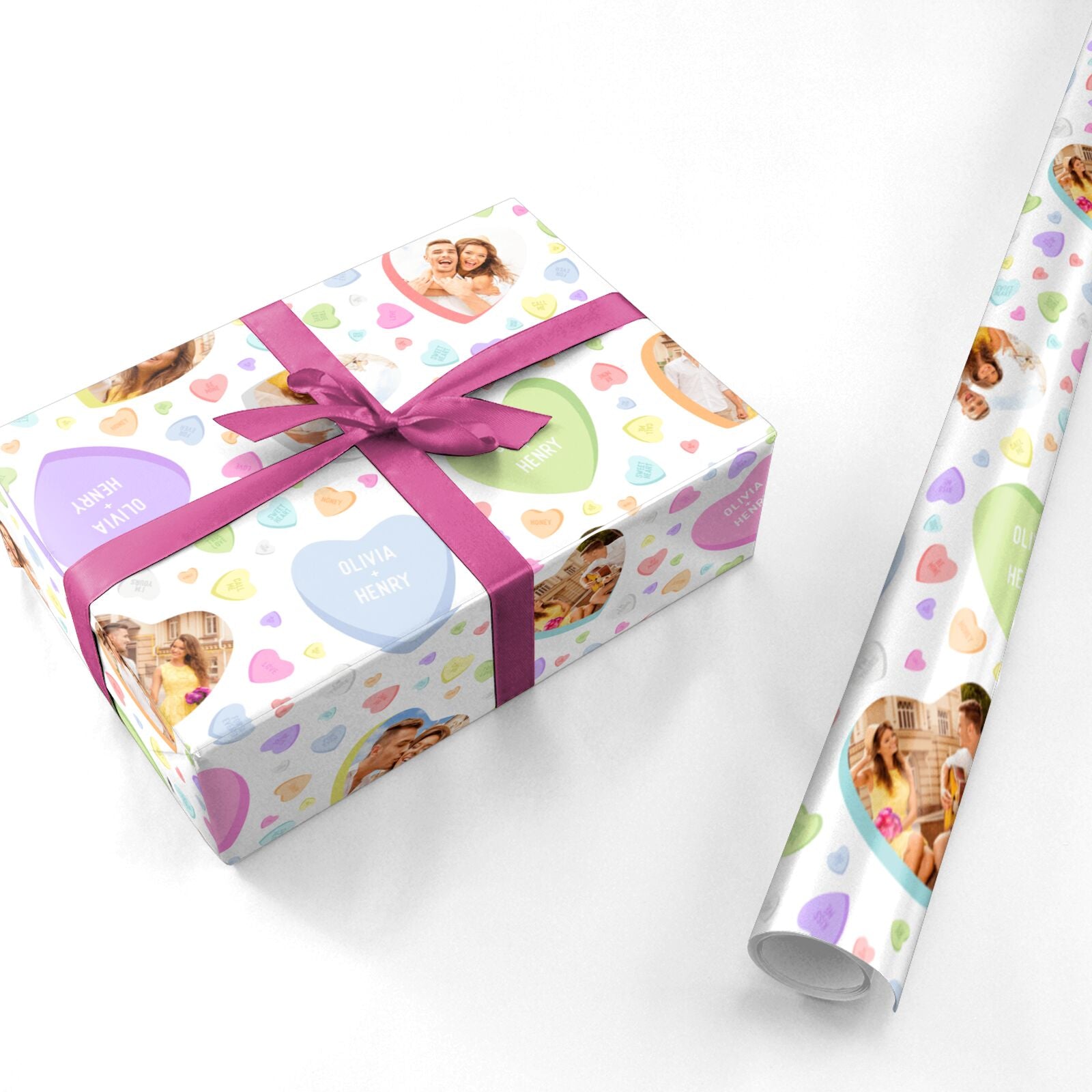 Personalised Couple Names and Photo Heart Pattern Design Personalised Wrapping Paper