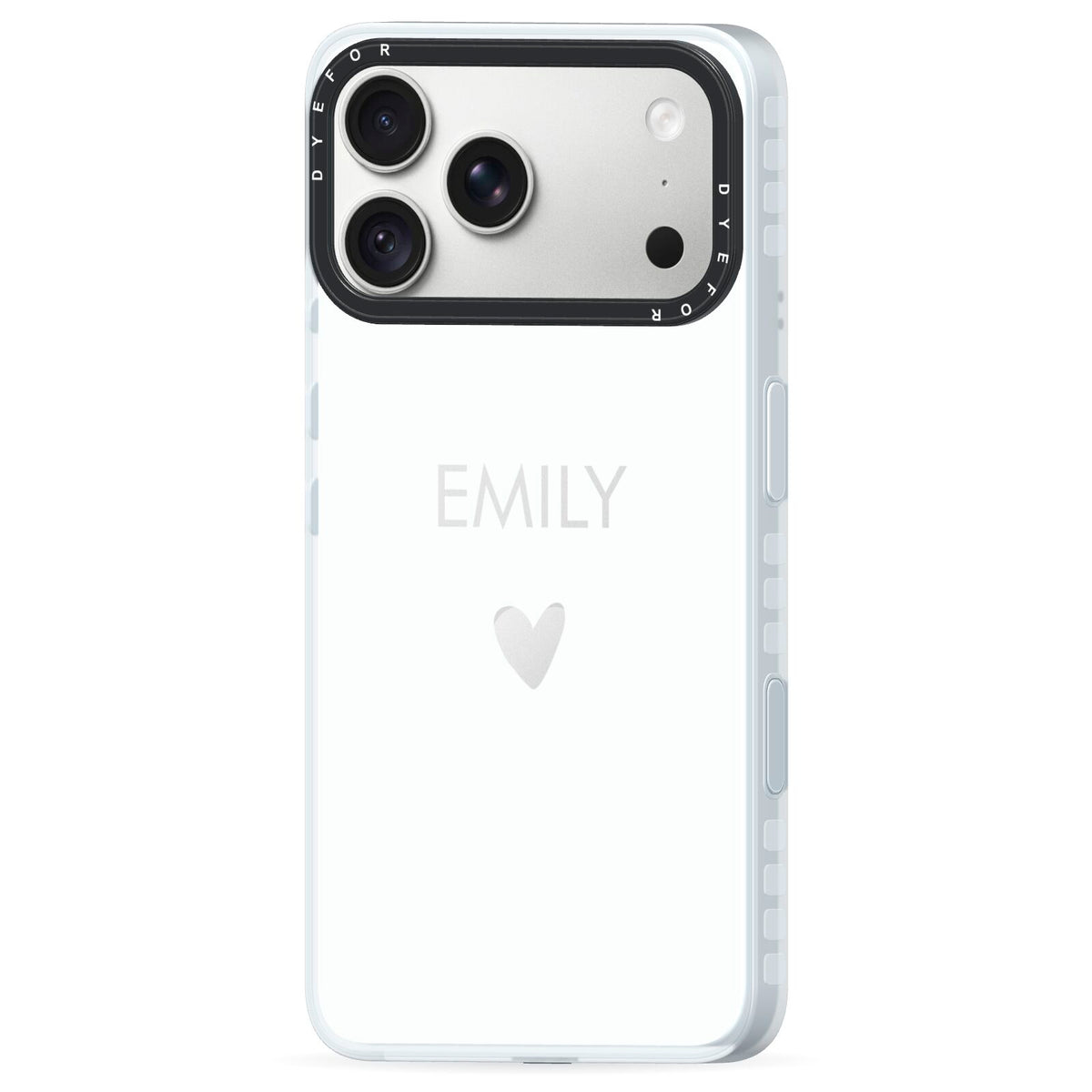 Personalised Cutout Name Heart Clear White iPhone 18 Pro Black Impact Pre order Case Side Angle on Silver phone