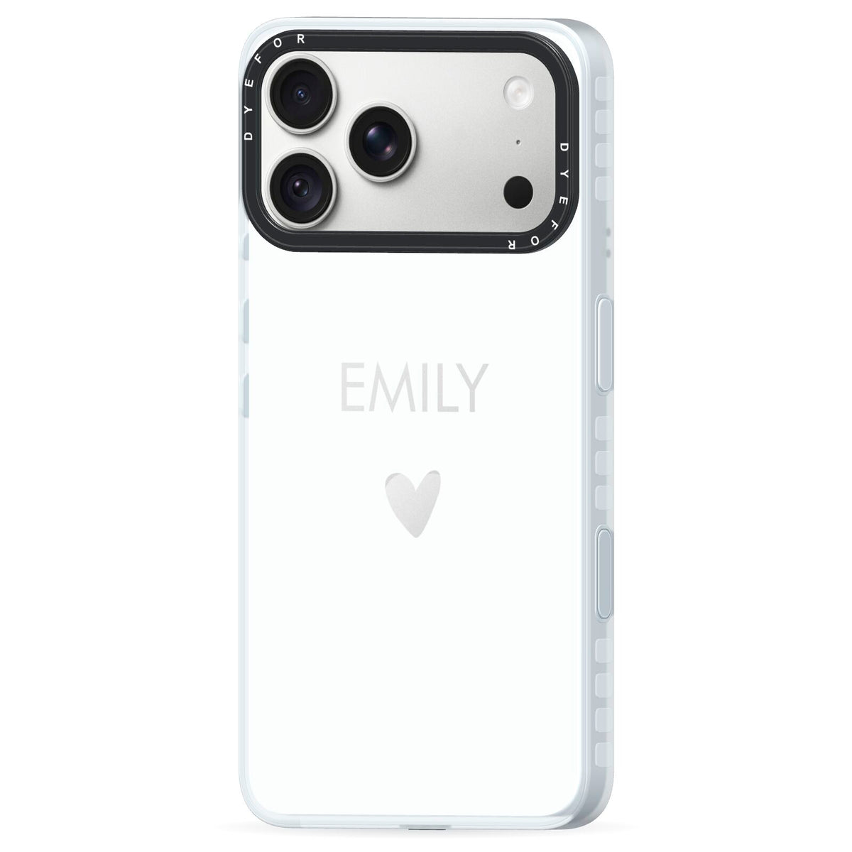 Personalised Cutout Name Heart Clear White iPhone 18 Pro Max Black Impact Pre order Case Side Angle on Silver phone