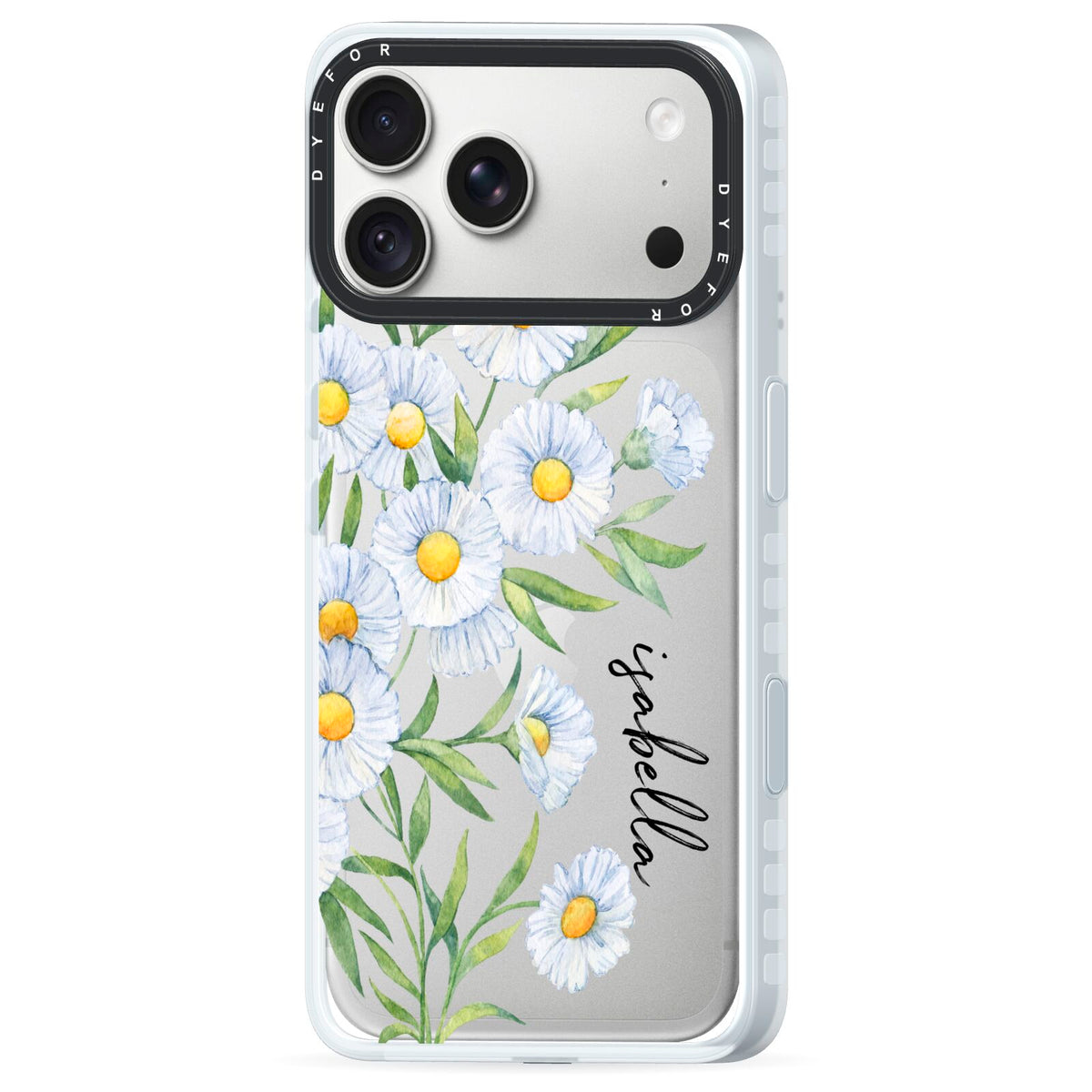 Personalised Daisy Flower iPhone 18 Pro Black Impact Pre order Case Side Angle on Silver phone