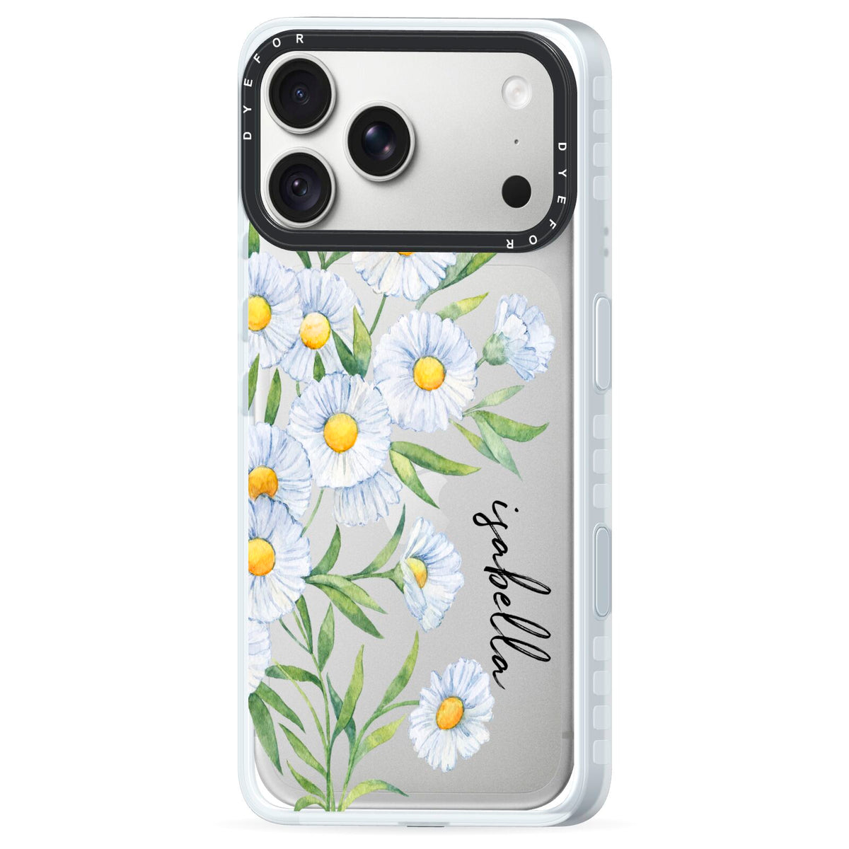 Personalised Daisy Flower iPhone 18 Pro Max Black Impact Pre order Case Side Angle on Silver phone