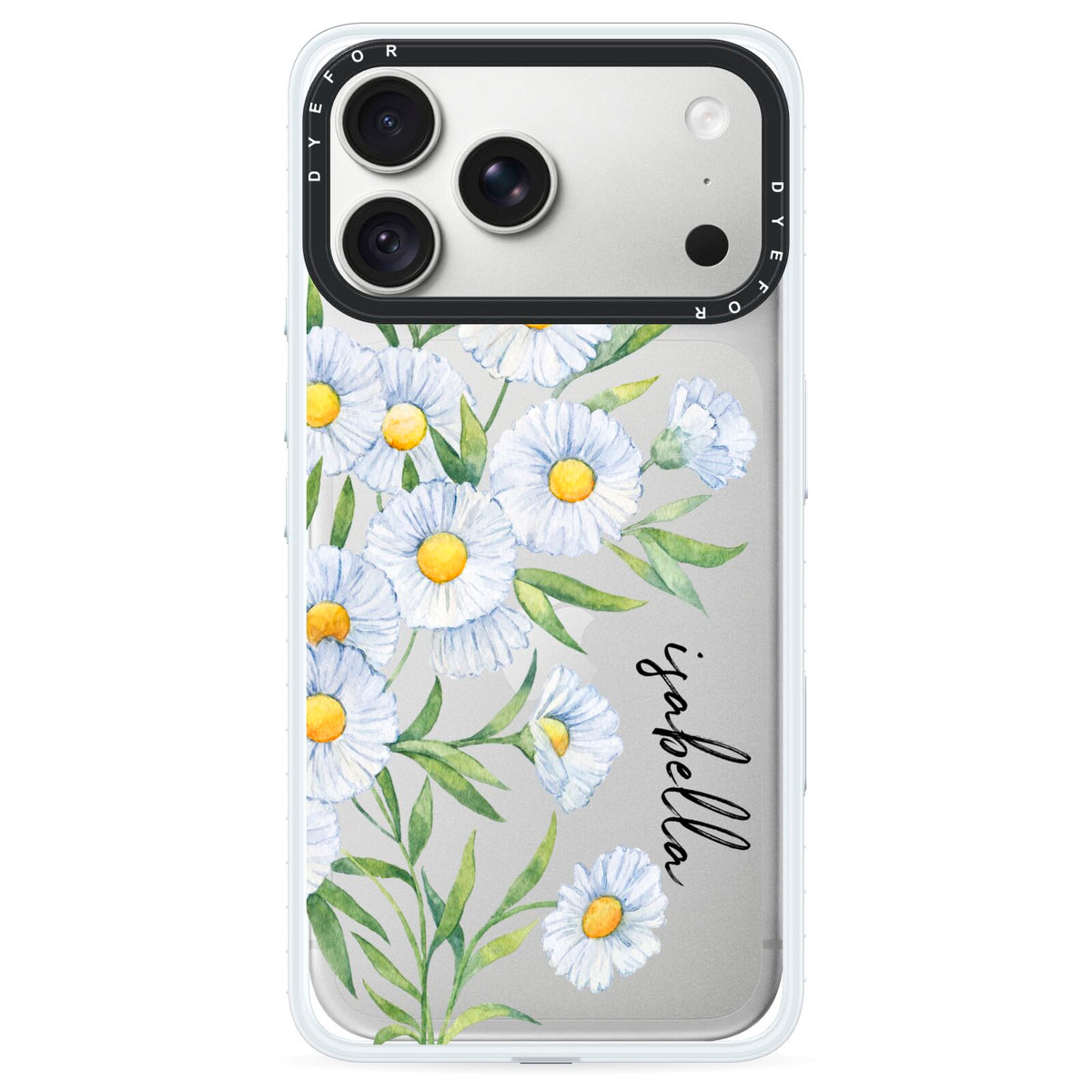 Personalised Daisy Flower iPhone 18 Pro Max Black Impact Pre order Case on Silver phone
