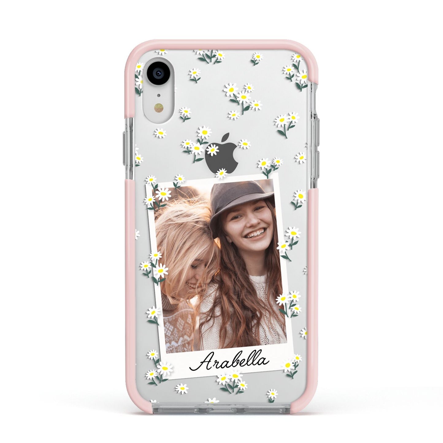 Personalised Daisy Photo Frame Design Apple iPhone XR Impact Case Pink Edge on Silver Phone