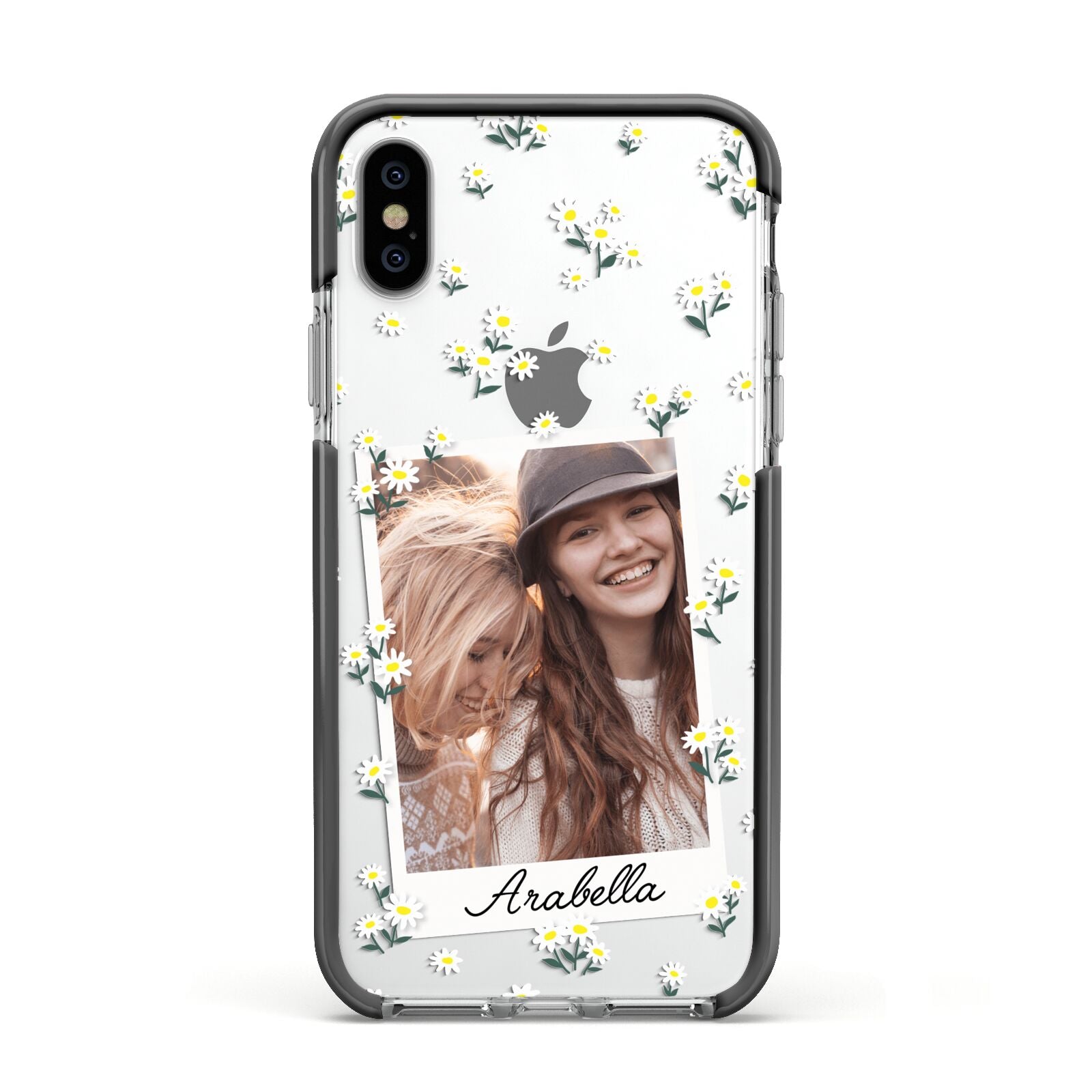 Personalised Daisy Photo Frame Design Apple iPhone Xs Impact Case Black Edge on Silver Phone