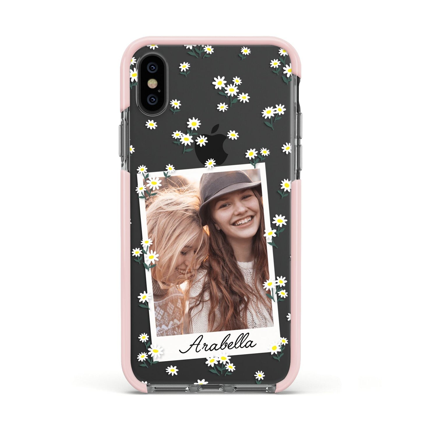 Personalised Daisy Photo Frame Design Apple iPhone Xs Impact Case Pink Edge on Black Phone