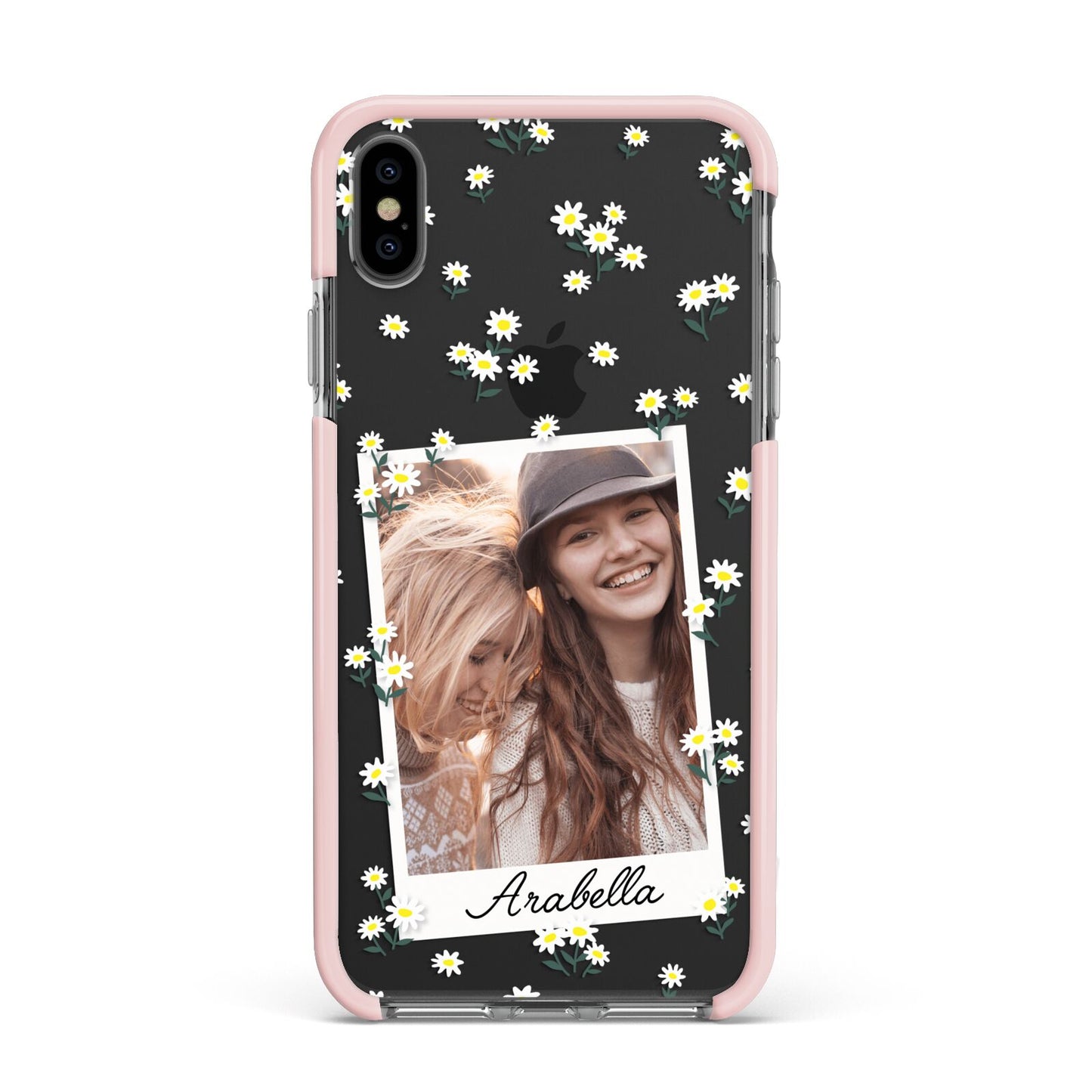 Personalised Daisy Photo Frame Design Apple iPhone Xs Max Impact Case Pink Edge on Black Phone