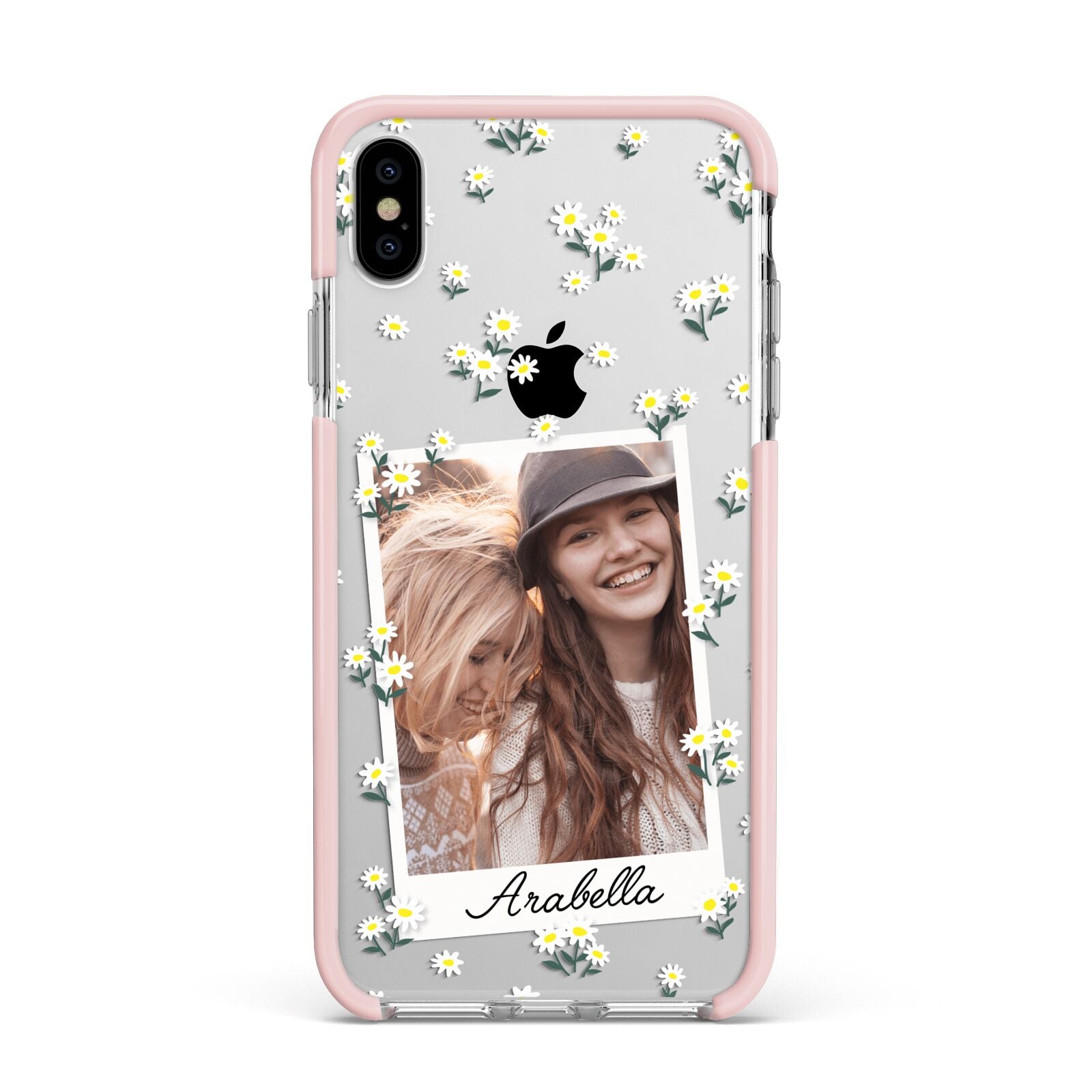 Personalised Daisy Photo Frame Design Apple iPhone Xs Max Impact Case Pink Edge on Silver Phone