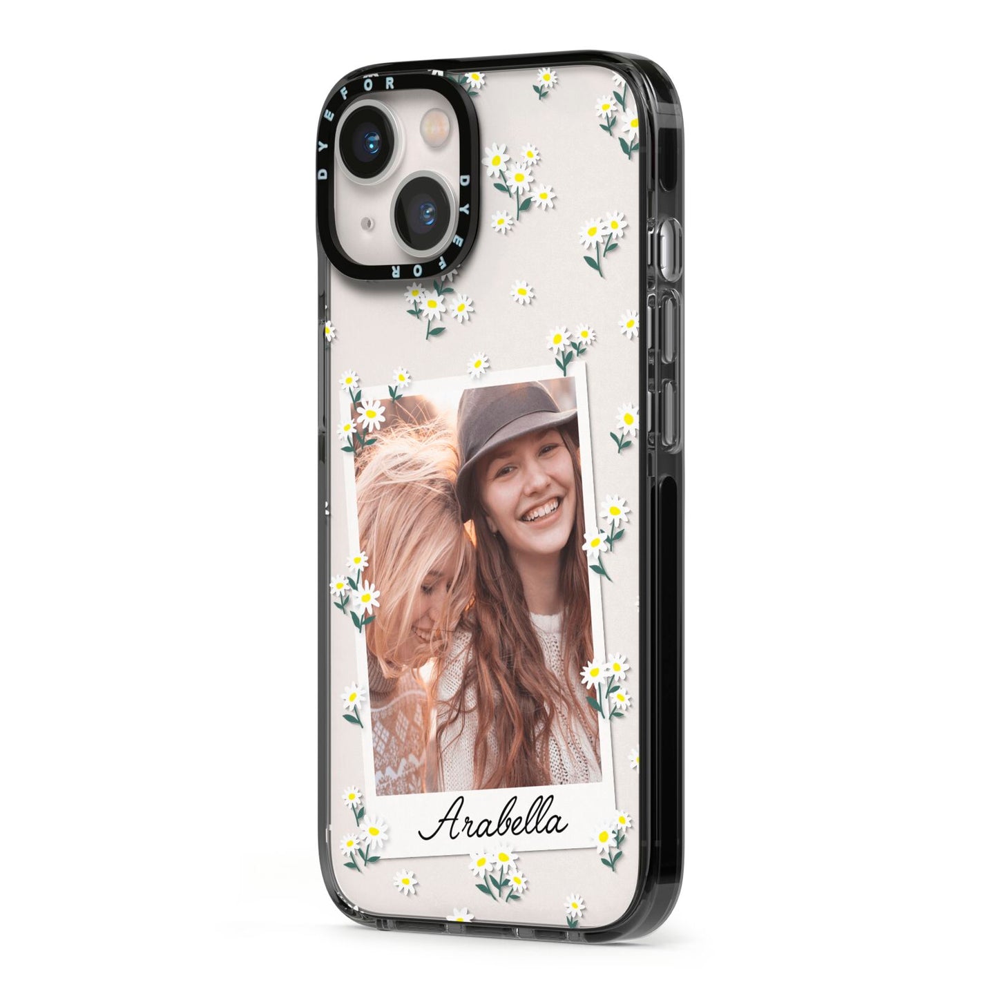 Personalised Daisy Photo Frame Design iPhone 13 Black Impact Case Side Angle on Silver phone