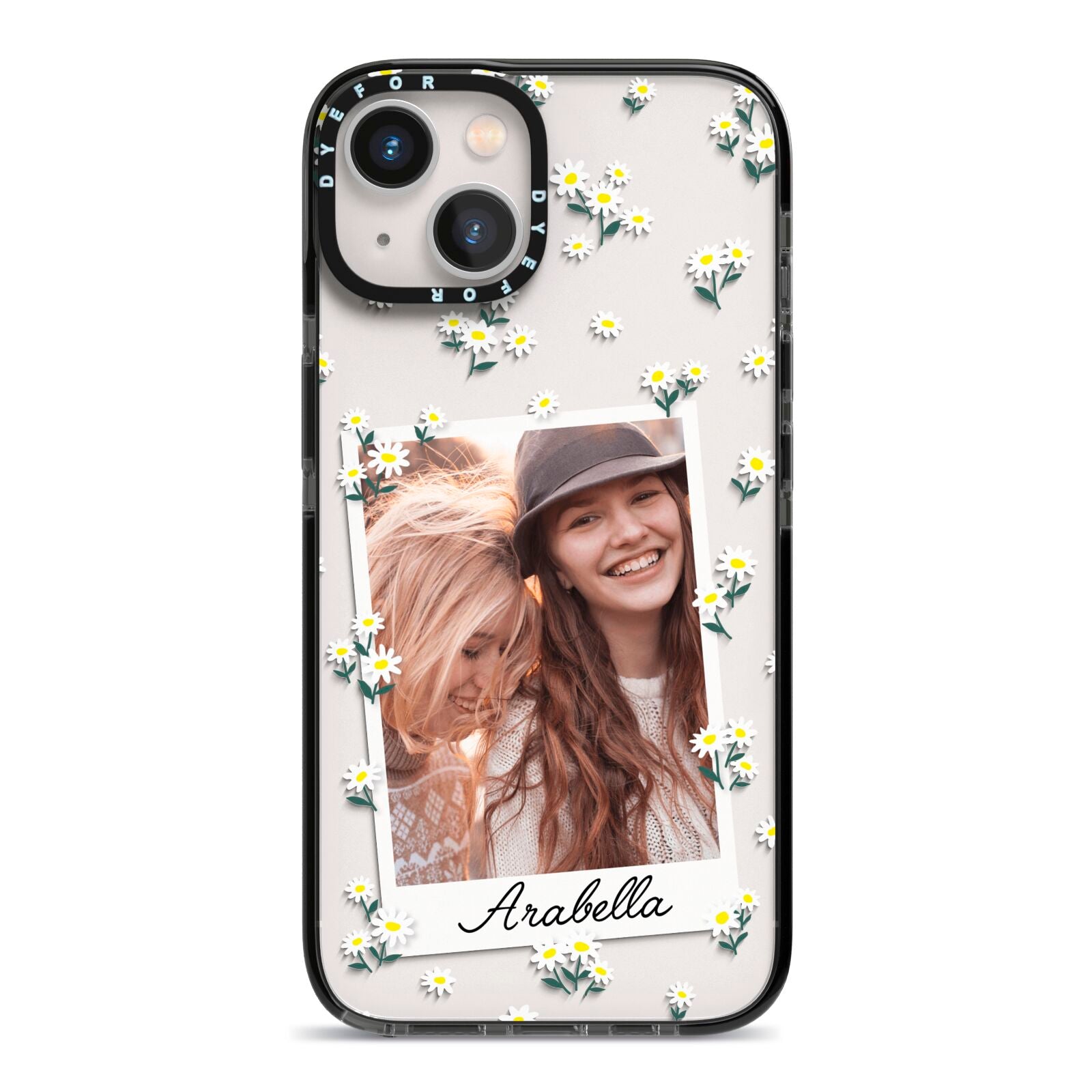Personalised Daisy Photo Frame Design iPhone 13 Black Impact Case on Silver phone