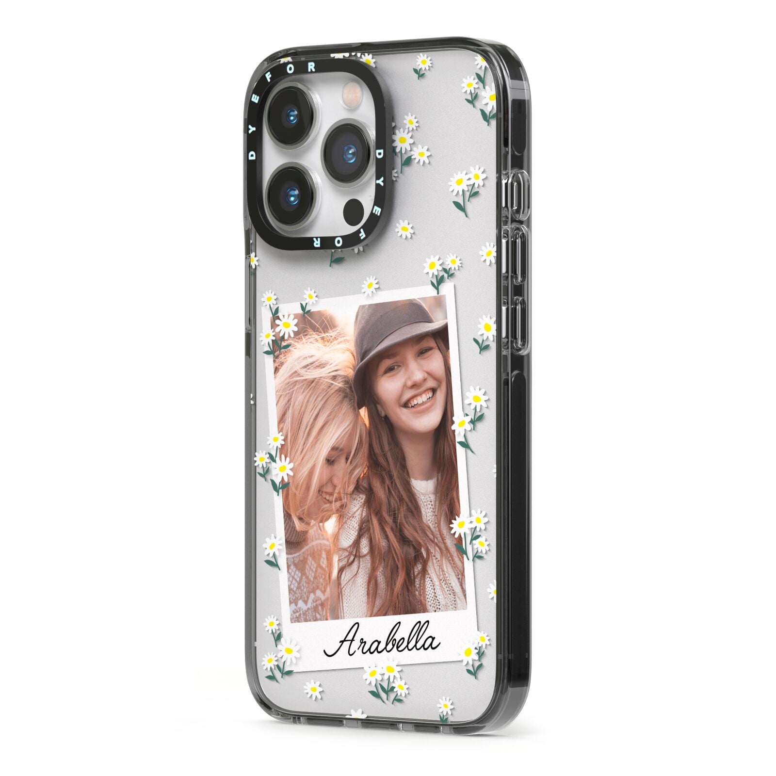 Personalised Daisy Photo Frame Design iPhone 13 Pro Black Impact Case Side Angle on Silver phone