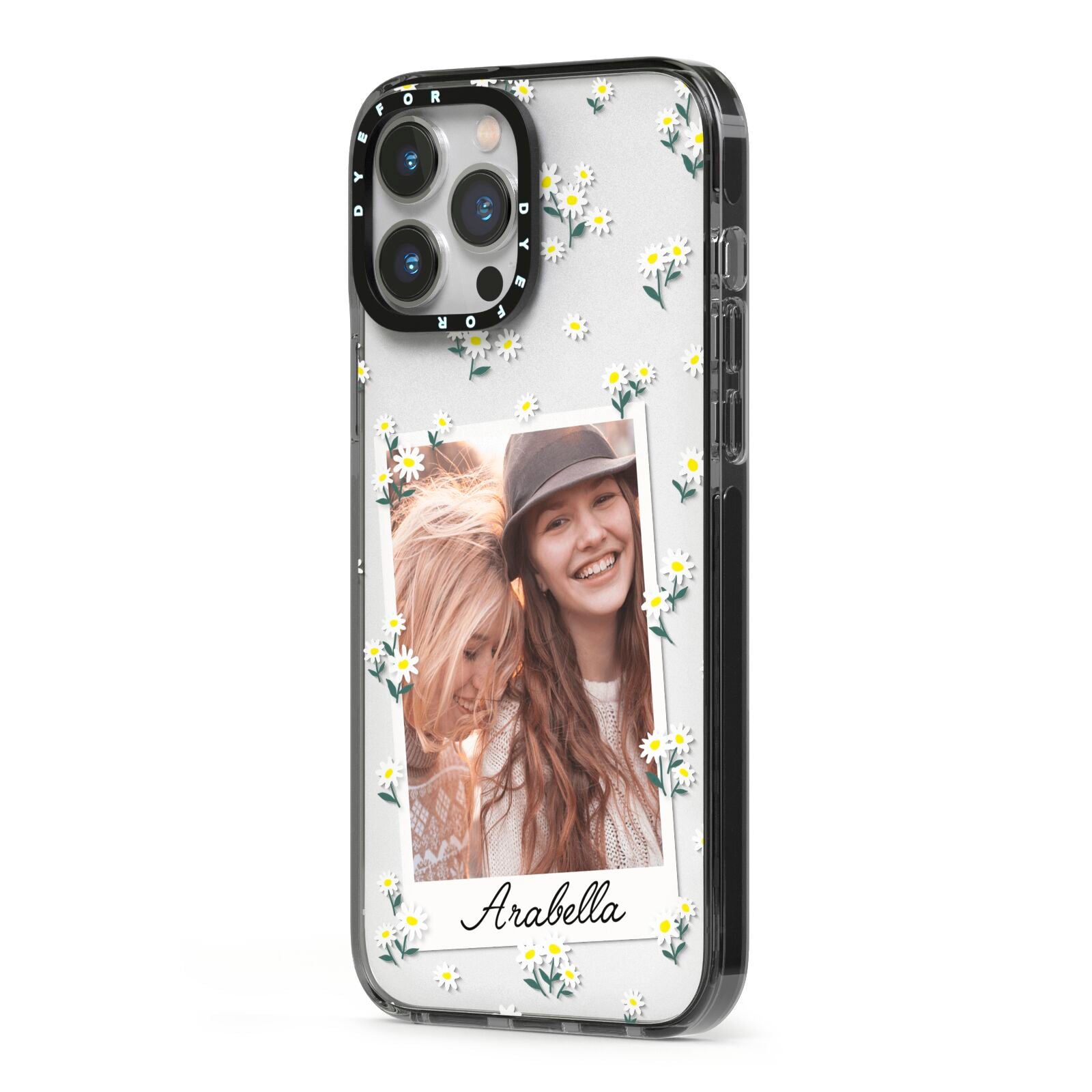 Personalised Daisy Photo Frame Design iPhone 13 Pro Max Black Impact Case Side Angle on Silver phone
