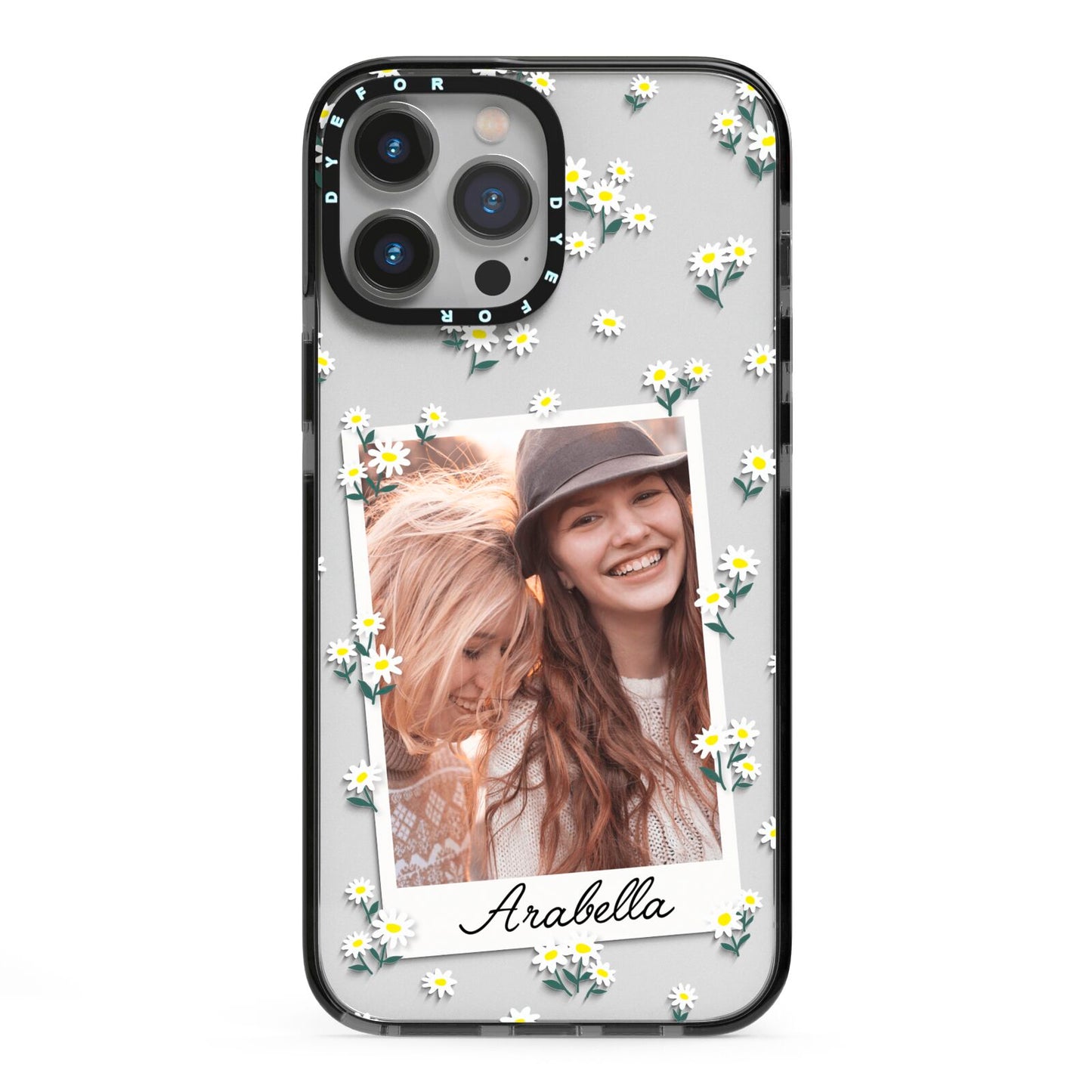 Personalised Daisy Photo Frame Design iPhone 13 Pro Max Black Impact Case on Silver phone
