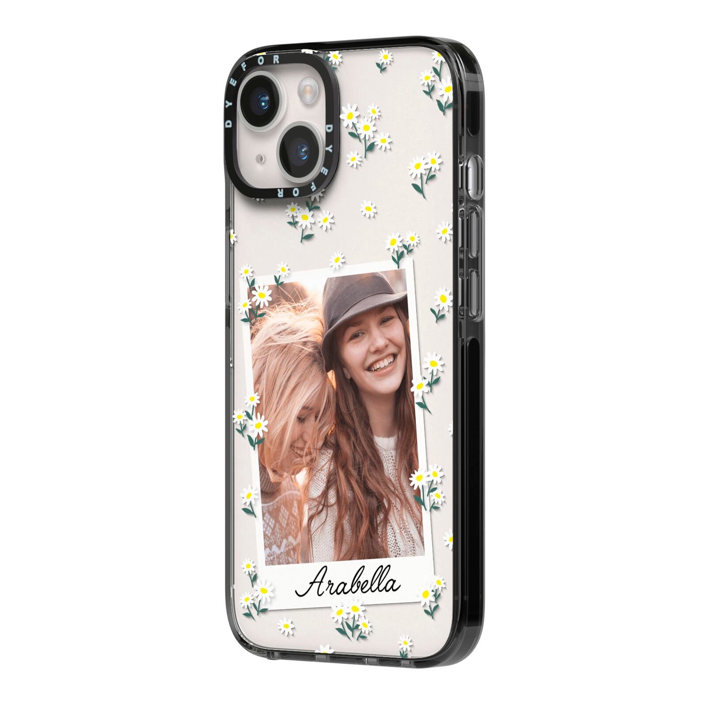 Personalised Daisy Photo Frame Design iPhone 14 Black Impact Case Side Angle on Silver phone
