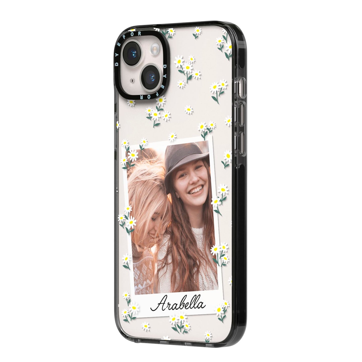 Personalised Daisy Photo Frame Design iPhone 14 Plus Black Impact Case Side Angle on Silver phone