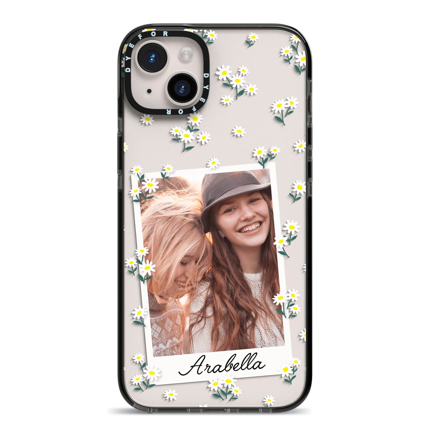 Personalised Daisy Photo Frame Design iPhone 14 Plus Black Impact Case on Silver phone