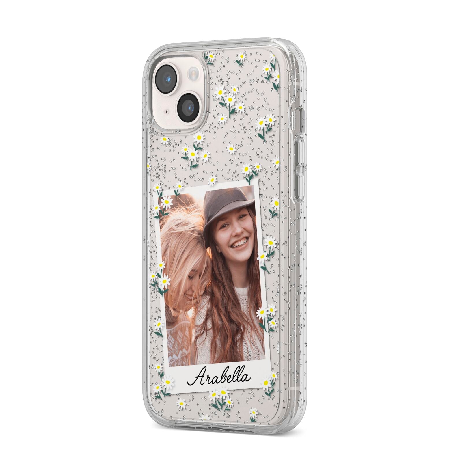 Personalised Daisy Photo Frame Design iPhone 14 Plus Glitter Tough Case Starlight Angled Image