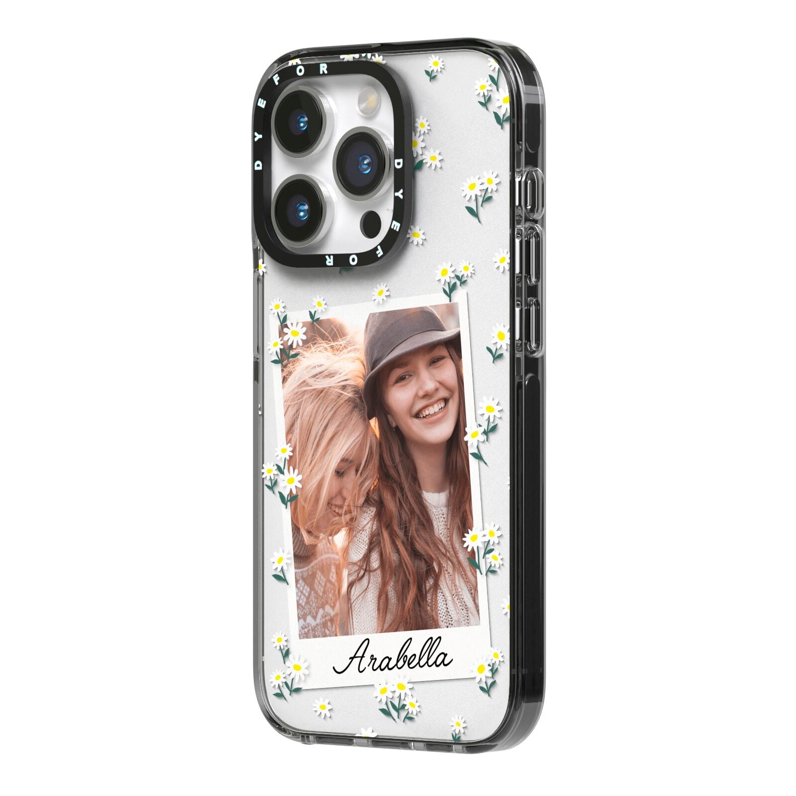 Personalised Daisy Photo Frame Design iPhone 14 Pro Black Impact Case Side Angle on Silver phone