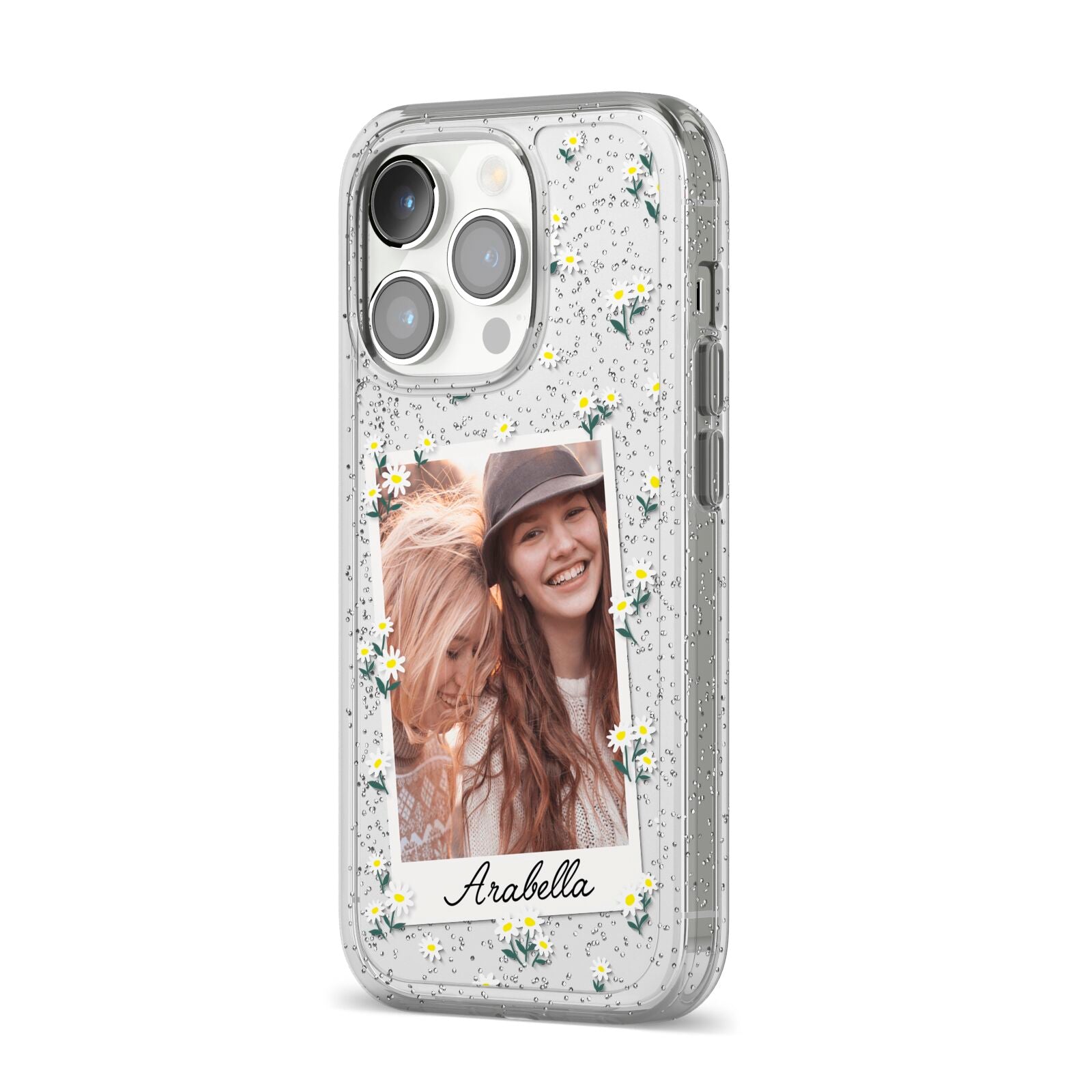 Personalised Daisy Photo Frame Design iPhone 14 Pro Glitter Tough Case Silver Angled Image