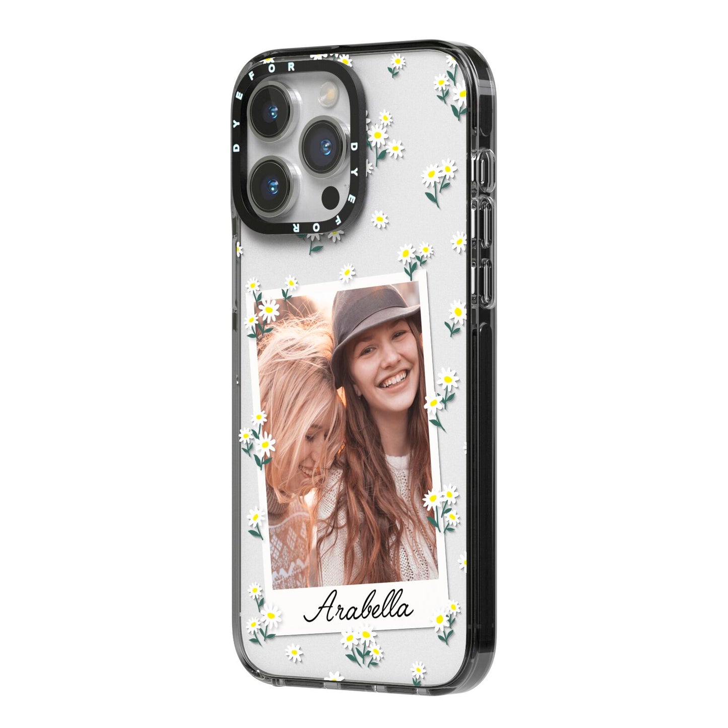 Personalised Daisy Photo Frame Design iPhone 14 Pro Max Black Impact Case Side Angle on Silver phone