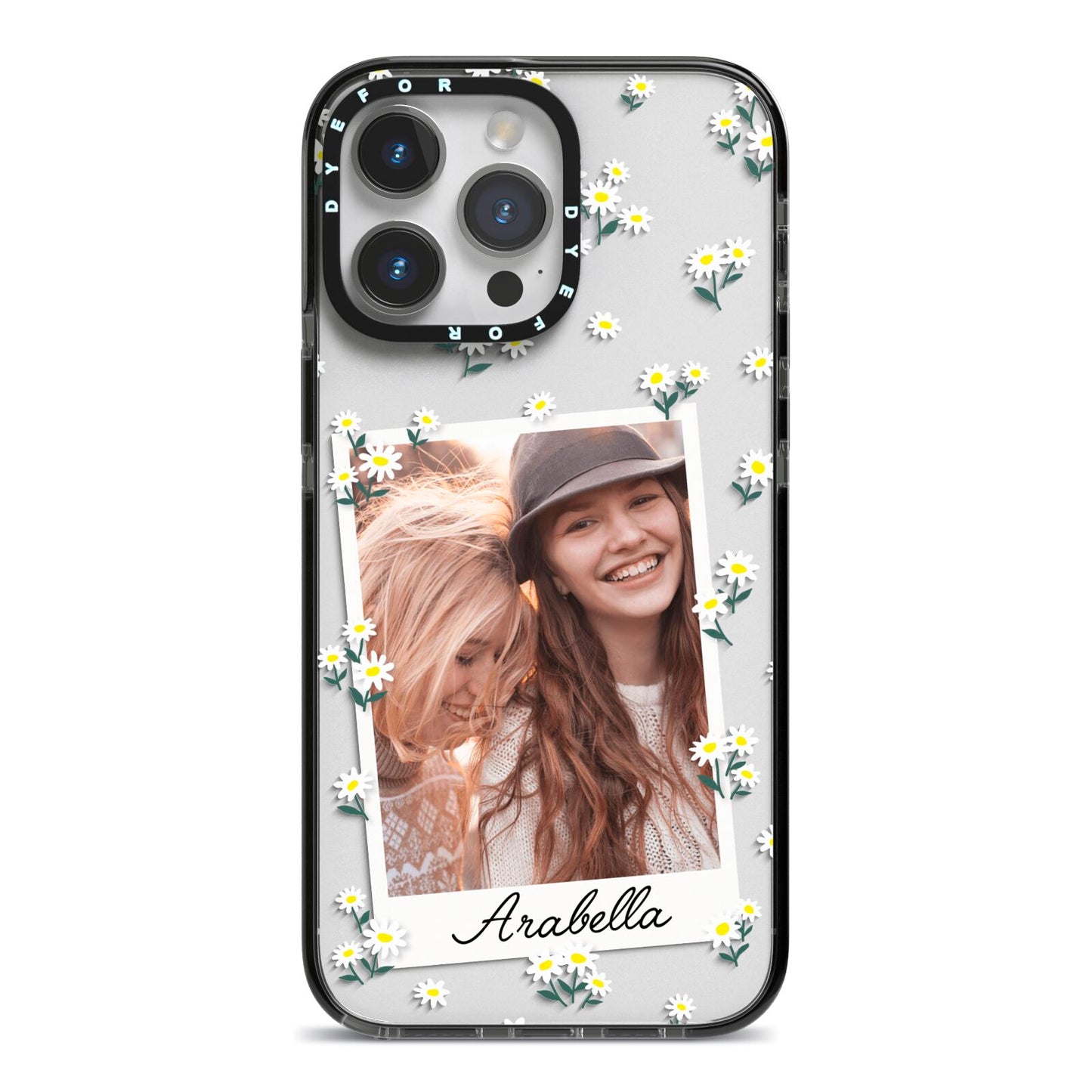 Personalised Daisy Photo Frame Design iPhone 14 Pro Max Black Impact Case on Silver phone