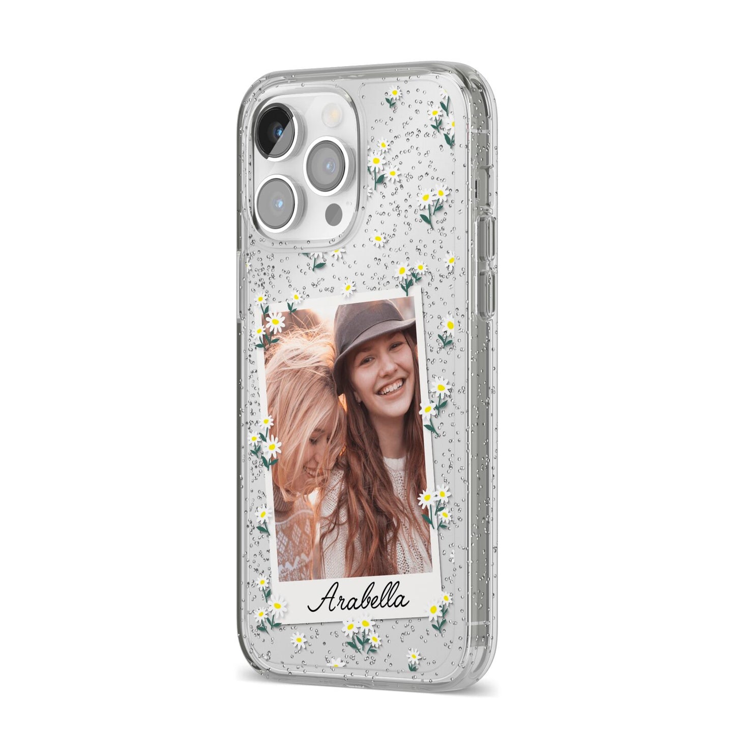 Personalised Daisy Photo Frame Design iPhone 14 Pro Max Glitter Tough Case Silver Angled Image