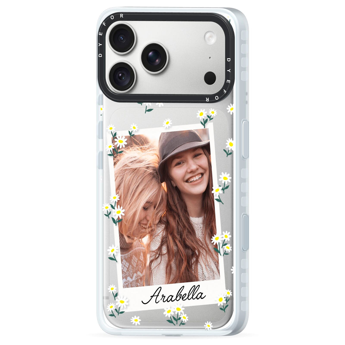 Personalised Daisy Photo Frame Design iPhone 18 Pro Black Impact Pre order Case Side Angle on Silver phone