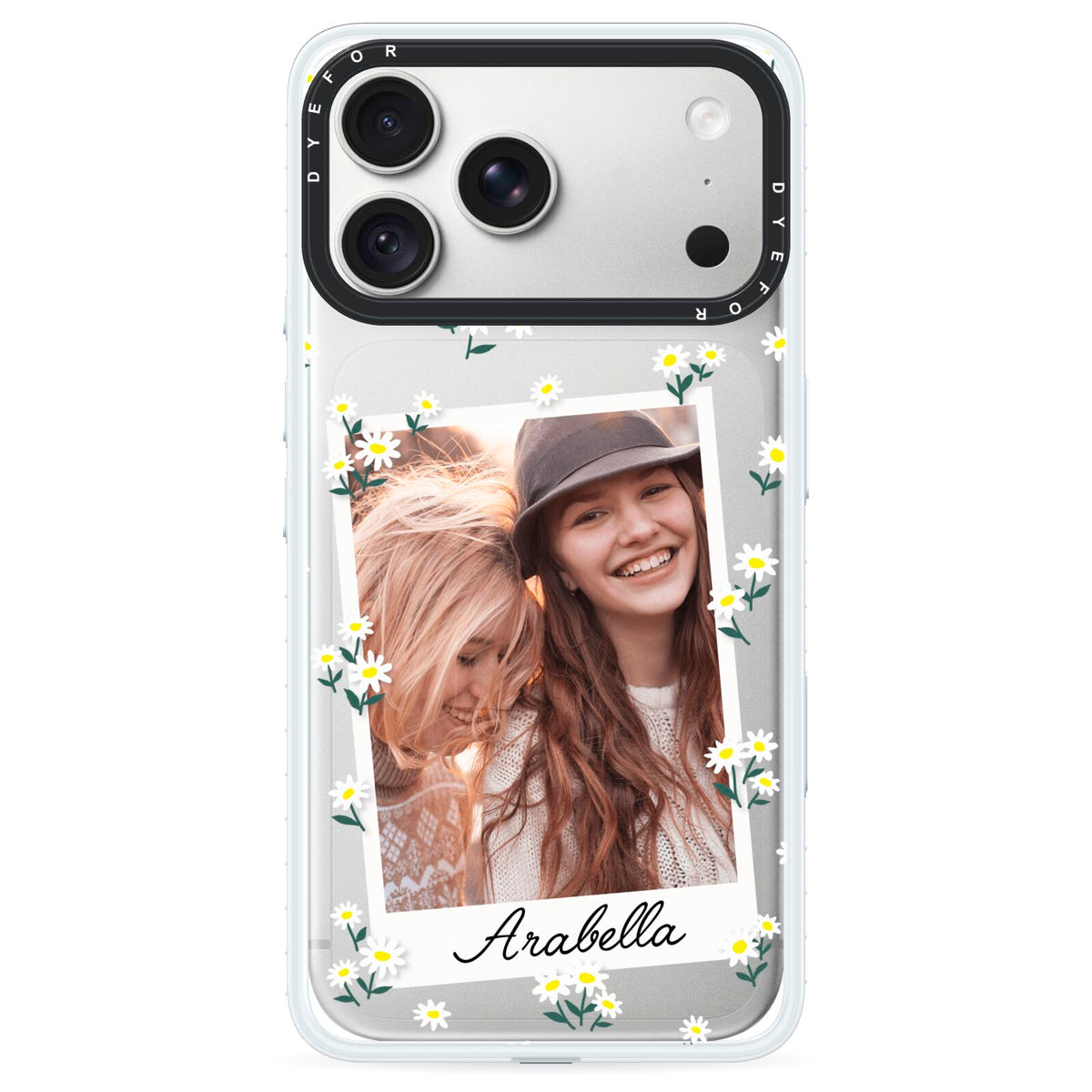 Personalised Daisy Photo Frame Design iPhone 18 Pro Black Impact Pre order Case on Silver phone