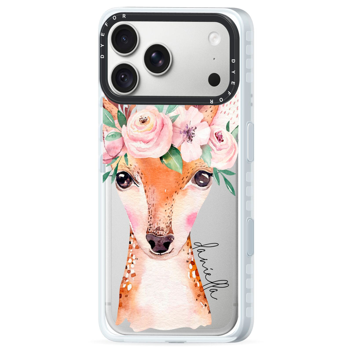 Personalised Deer iPhone 18 Pro Black Impact Pre order Case Side Angle on Silver phone