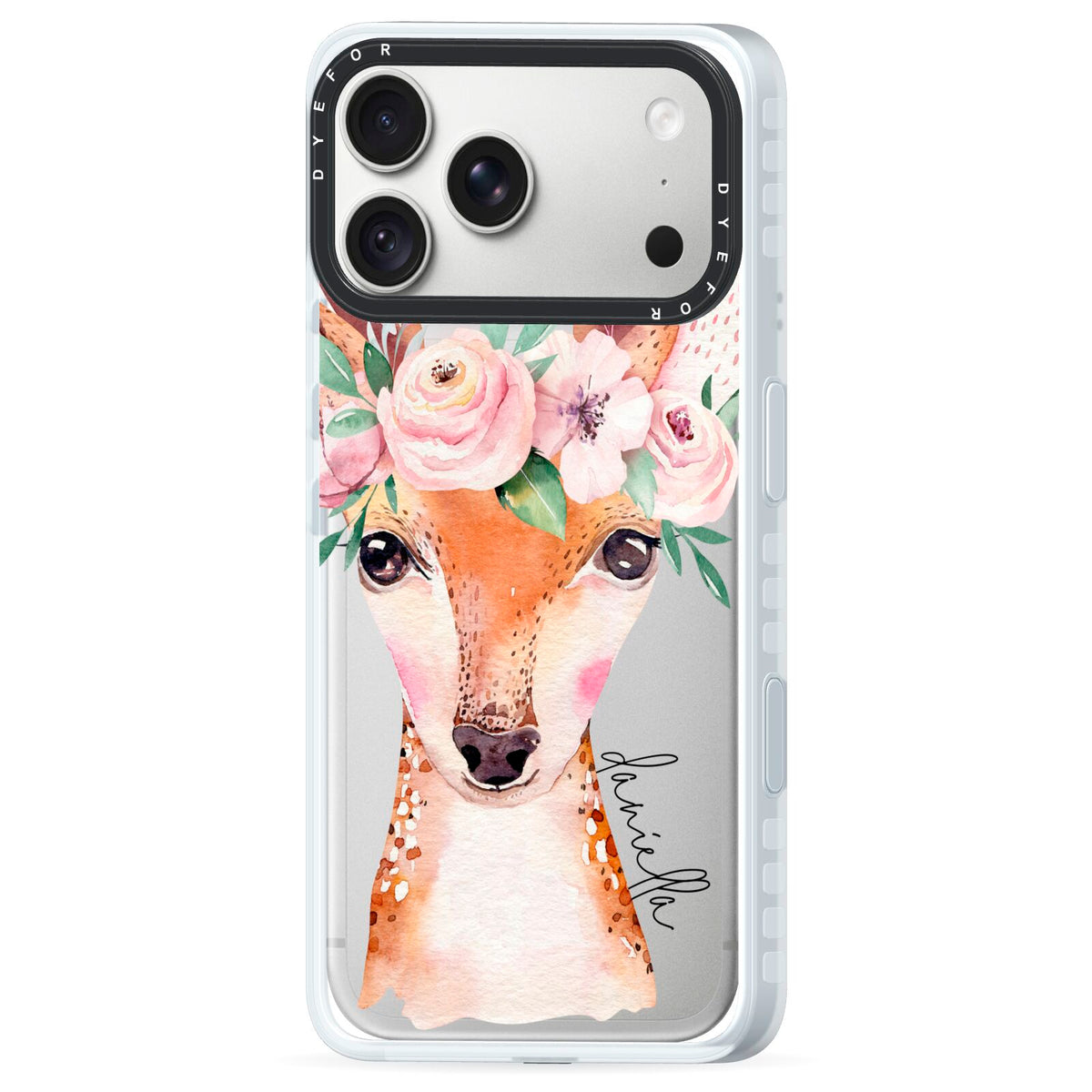 Personalised Deer iPhone 18 Pro Max Black Impact Pre order Case Side Angle on Silver phone