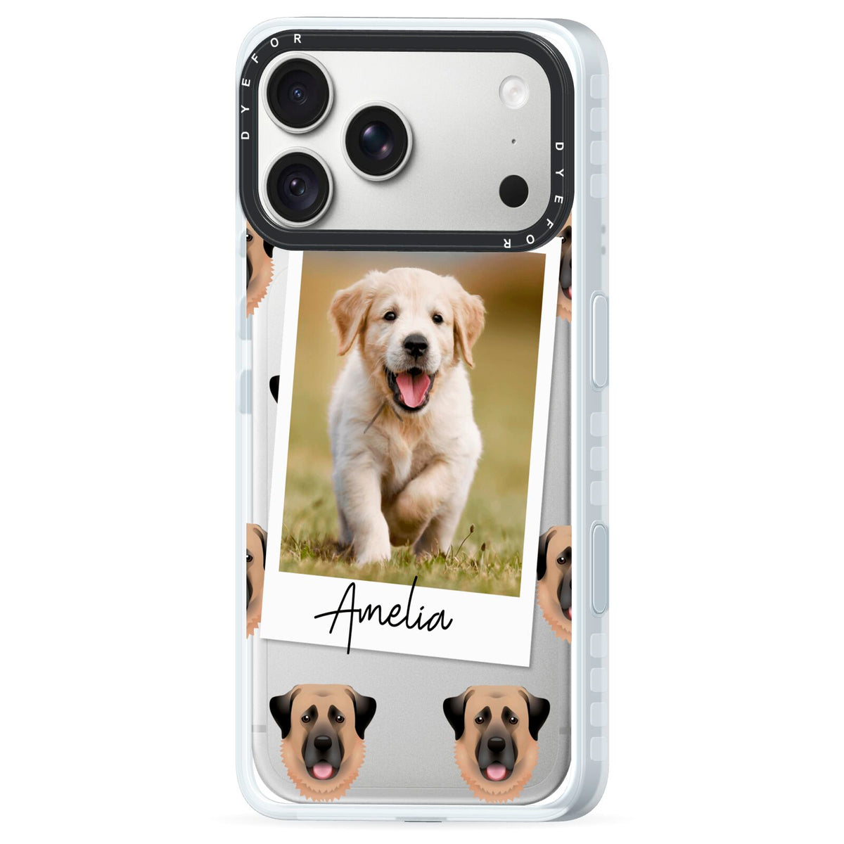 Personalised Dog Photo iPhone 18 Pro Black Impact Pre order Case Side Angle on Silver phone