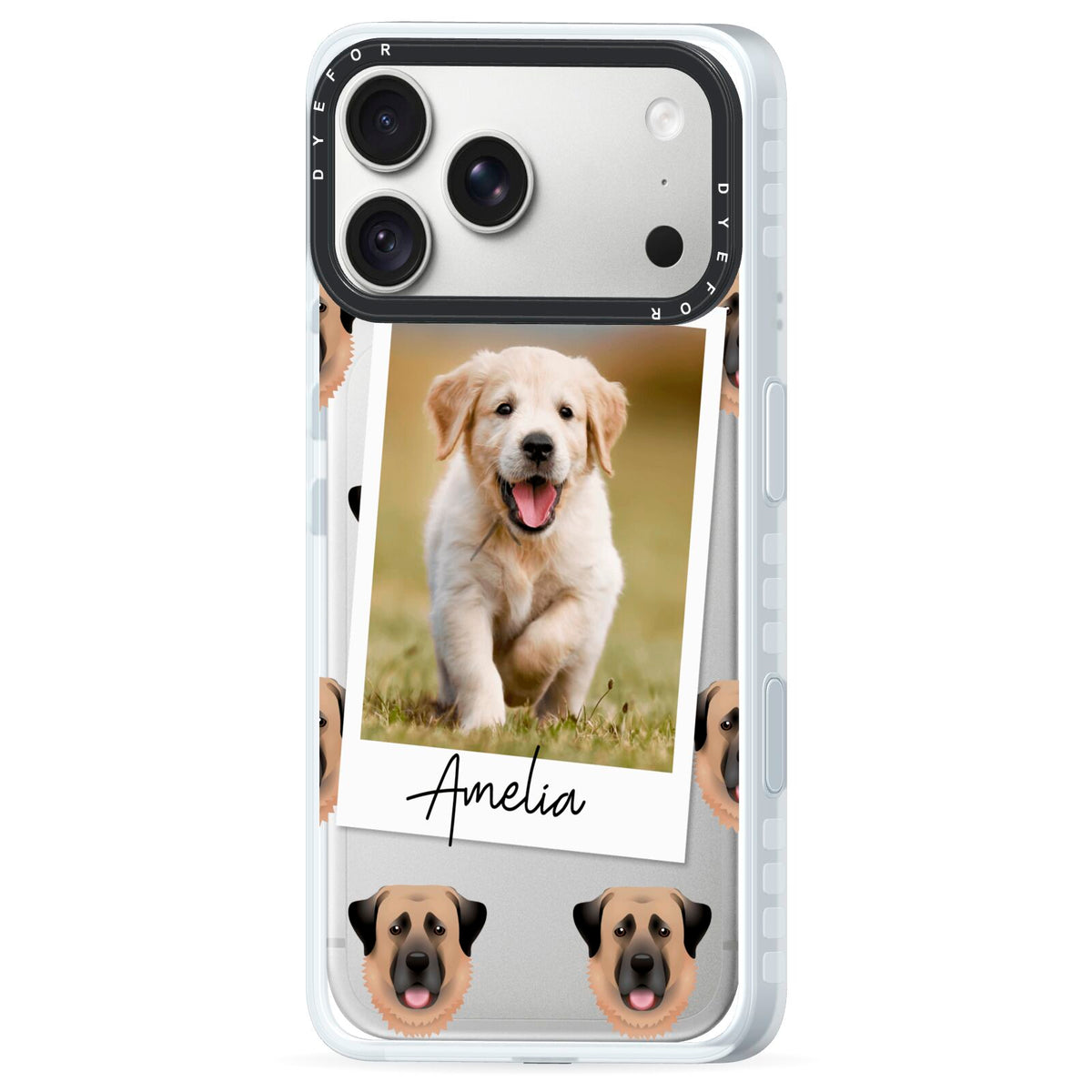 Personalised Dog Photo iPhone 18 Pro Max Black Impact Pre order Case Side Angle on Silver phone