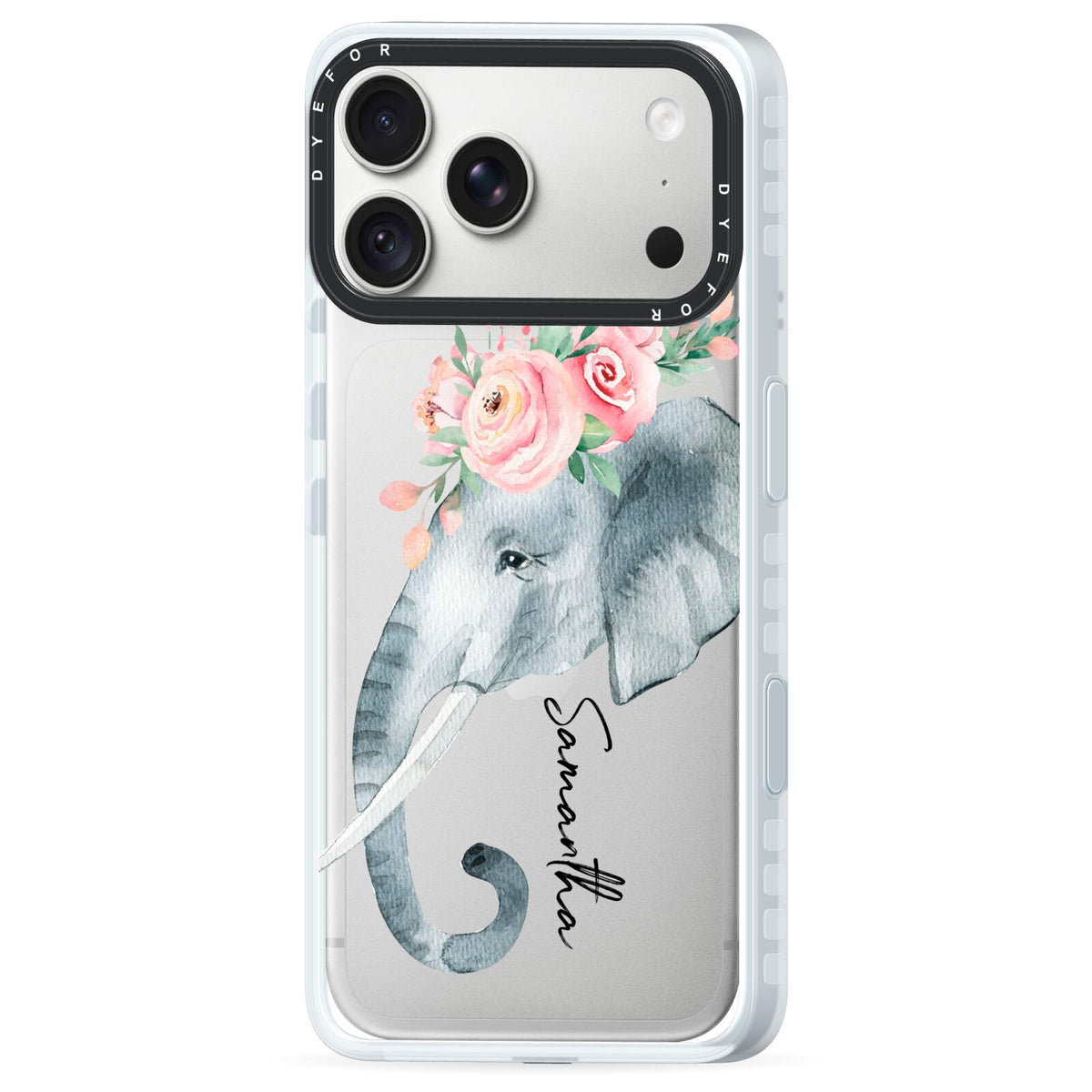 Personalised Elephant iPhone 18 Pro Black Impact Pre order Case Side Angle on Silver phone
