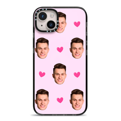 Personalised Face and Heart Photo Pattern iPhone 14 Plus Black Impact Case on Silver phone