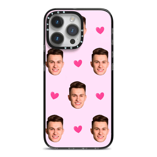 Personalised Face and Heart Photo Pattern iPhone 14 Pro Max Black Impact Case on Silver phone