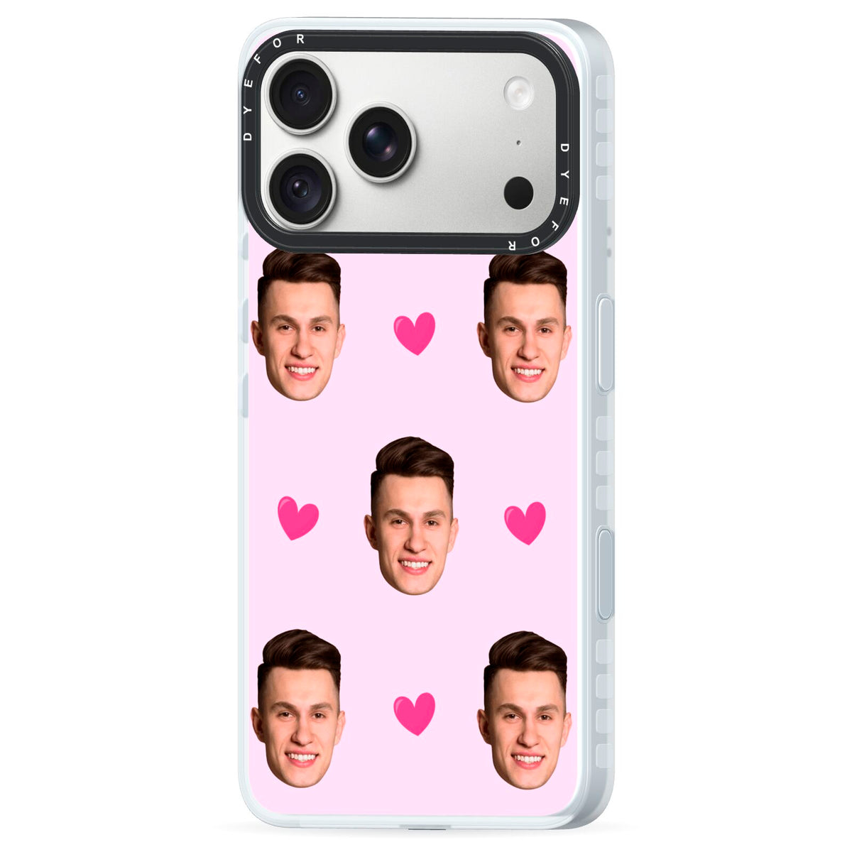 Personalised Face and Heart Photo Pattern iPhone 18 Pro Black Impact Pre order Case Side Angle on Silver phone