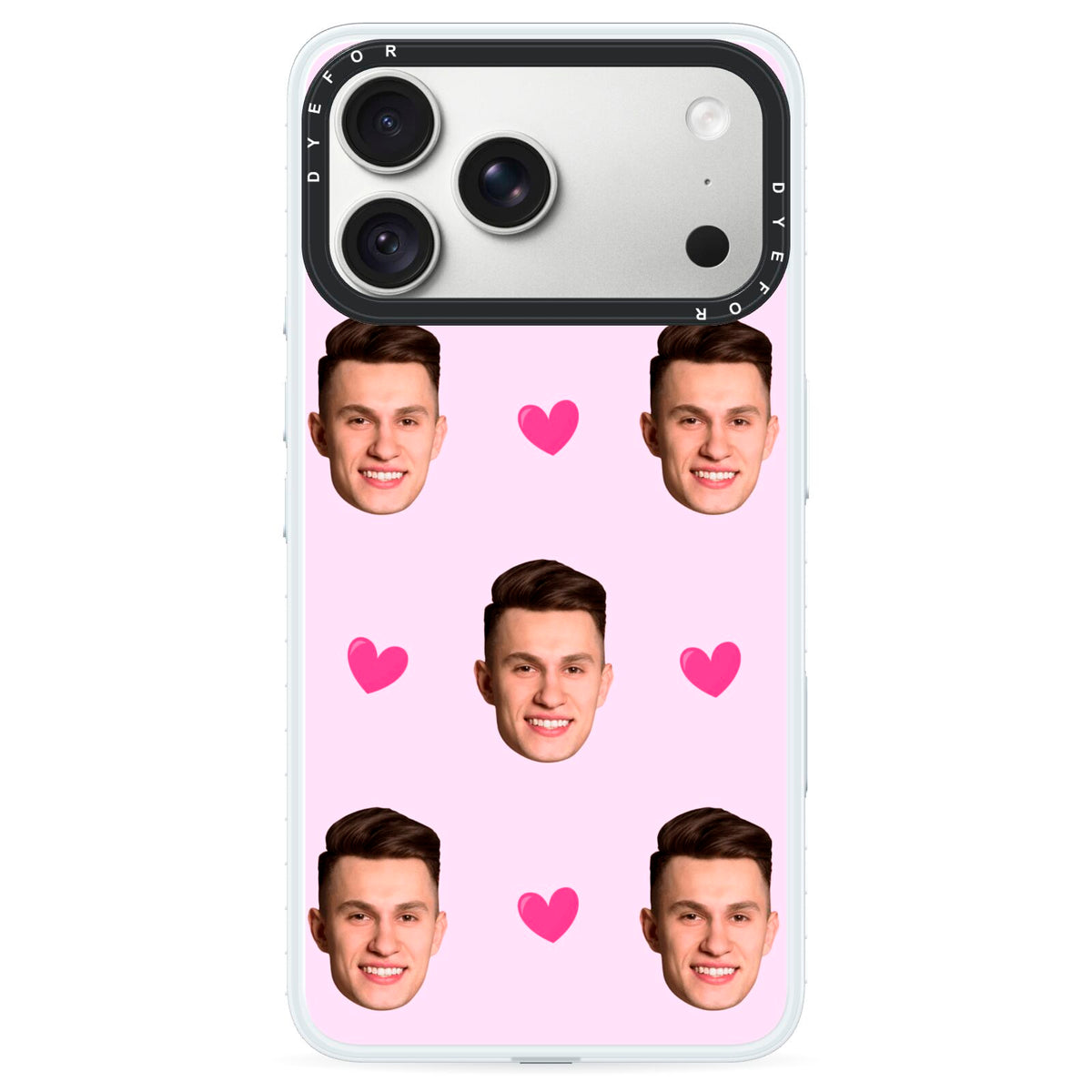 Personalised Face and Heart Photo Pattern iPhone 18 Pro Black Impact Pre order Case on Silver phone