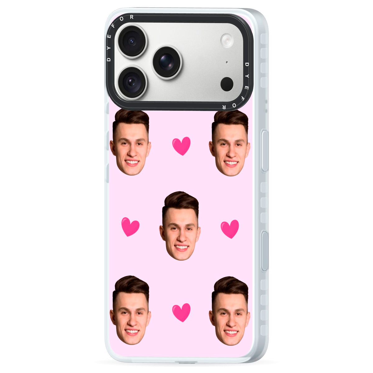 Personalised Face and Heart Photo Pattern iPhone 18 Pro Max Black Impact Pre order Case Side Angle on Silver phone