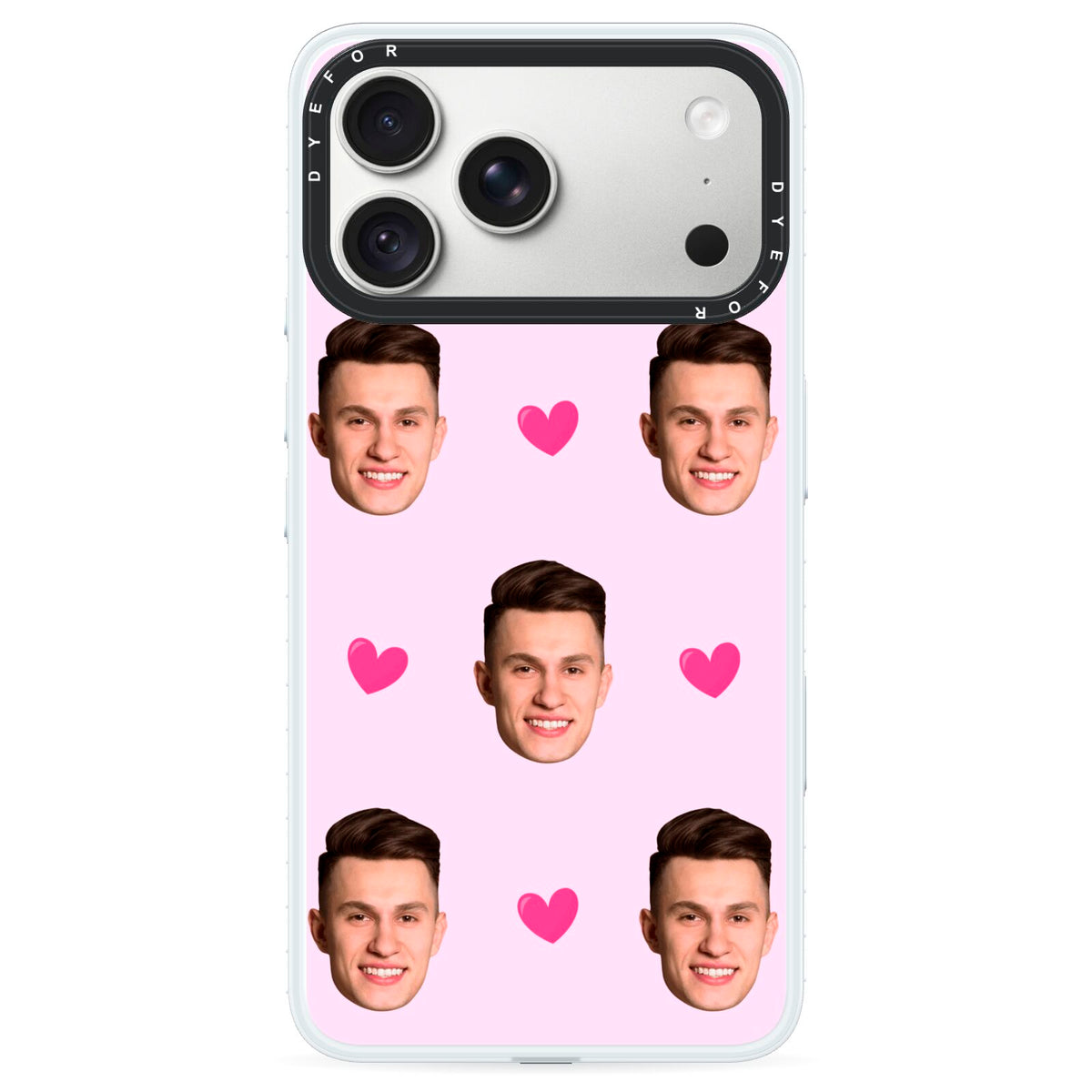 Personalised Face and Heart Photo Pattern iPhone 18 Pro Max Black Impact Pre order Case on Silver phone