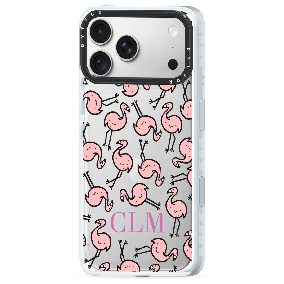 Personalised Flamingo Initials Clear iPhone 18 Pro Black Impact Pre order Case Side Angle on Silver phone